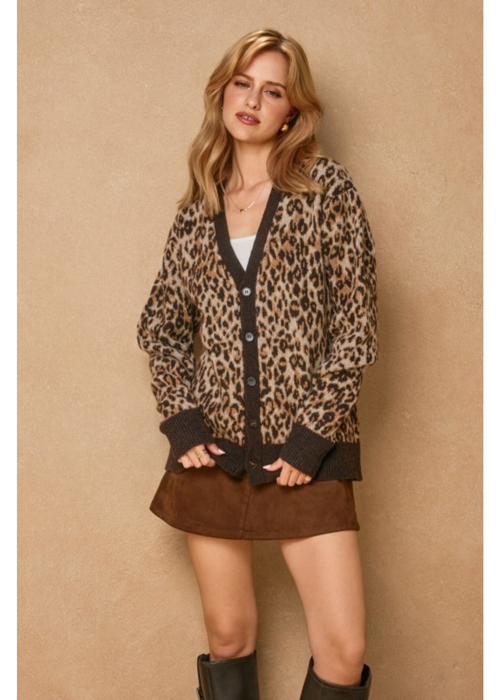 Wild Ambition Button Down Cardigan Leopard Espresso