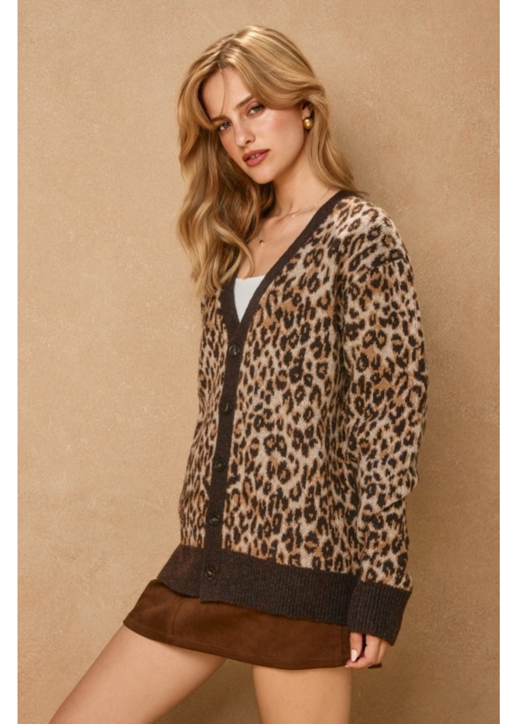 Wild Ambition Button Down Cardigan Leopard Espresso