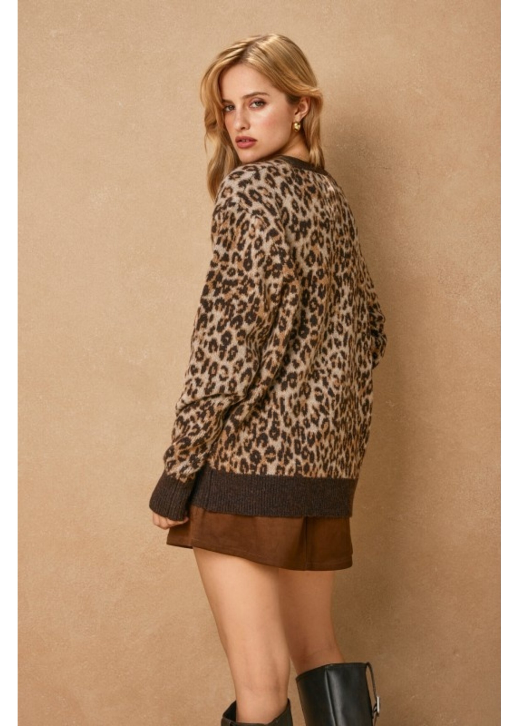 Wild Ambition Button Down Cardigan Leopard Espresso