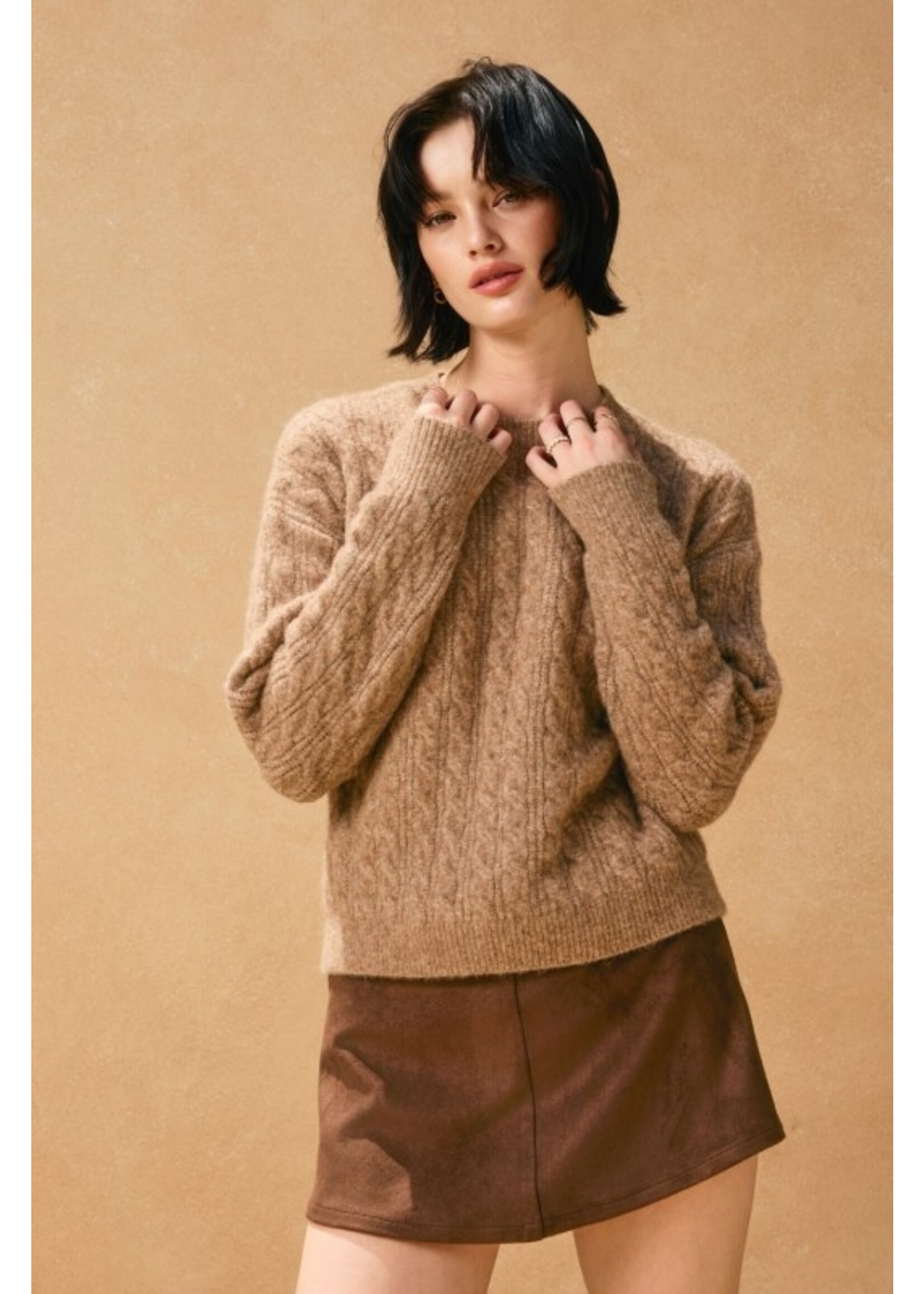 Oversized Cable Knit Crew Neck Sweater Caramel