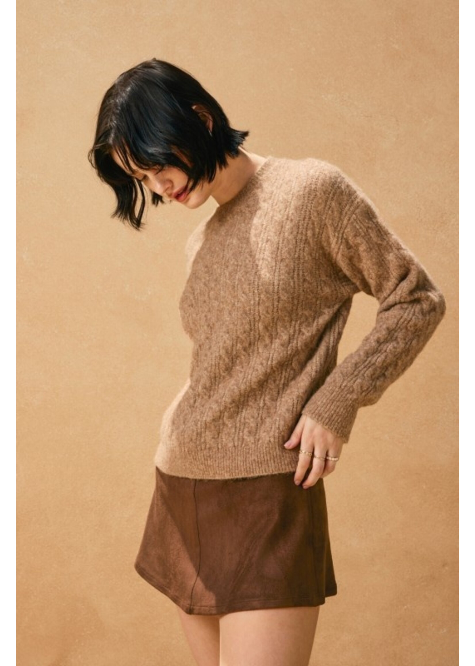 Oversized Cable Knit Crew Neck Sweater Caramel
