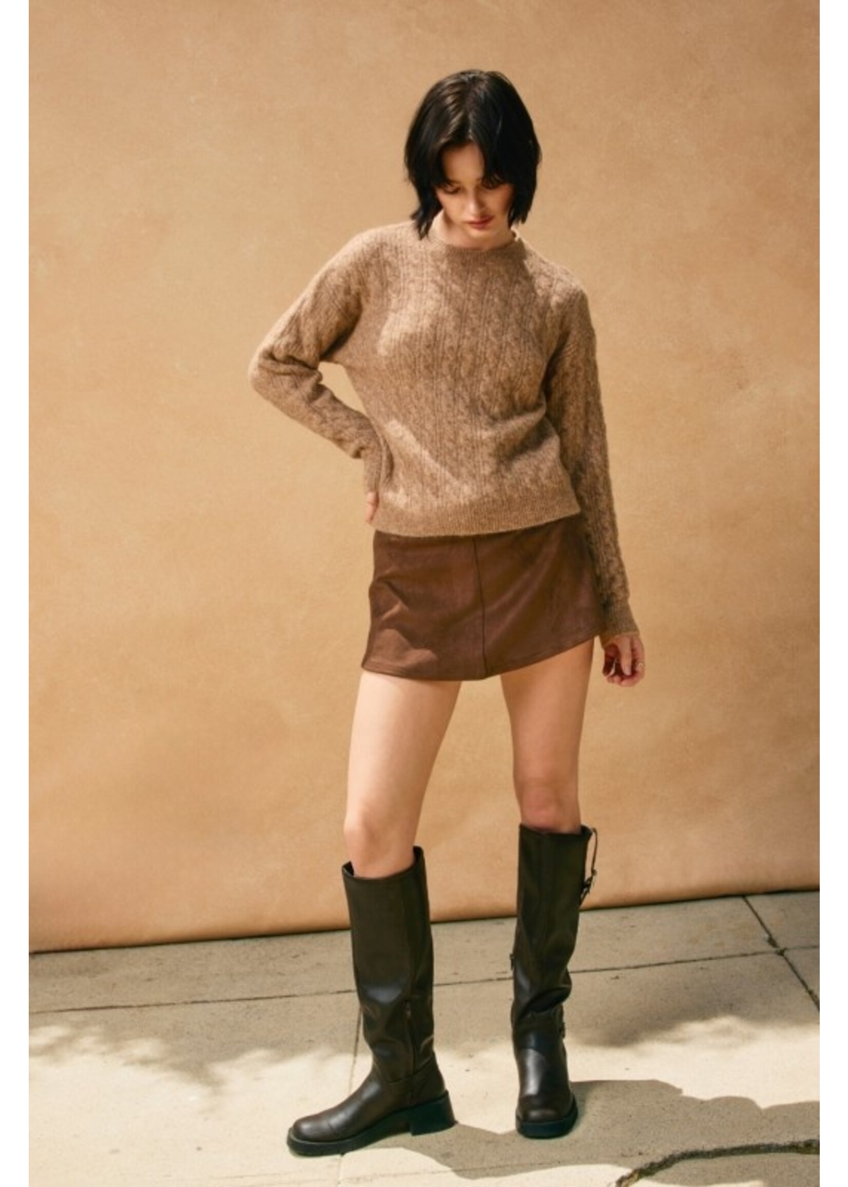 Oversized Cable Knit Crew Neck Sweater Caramel