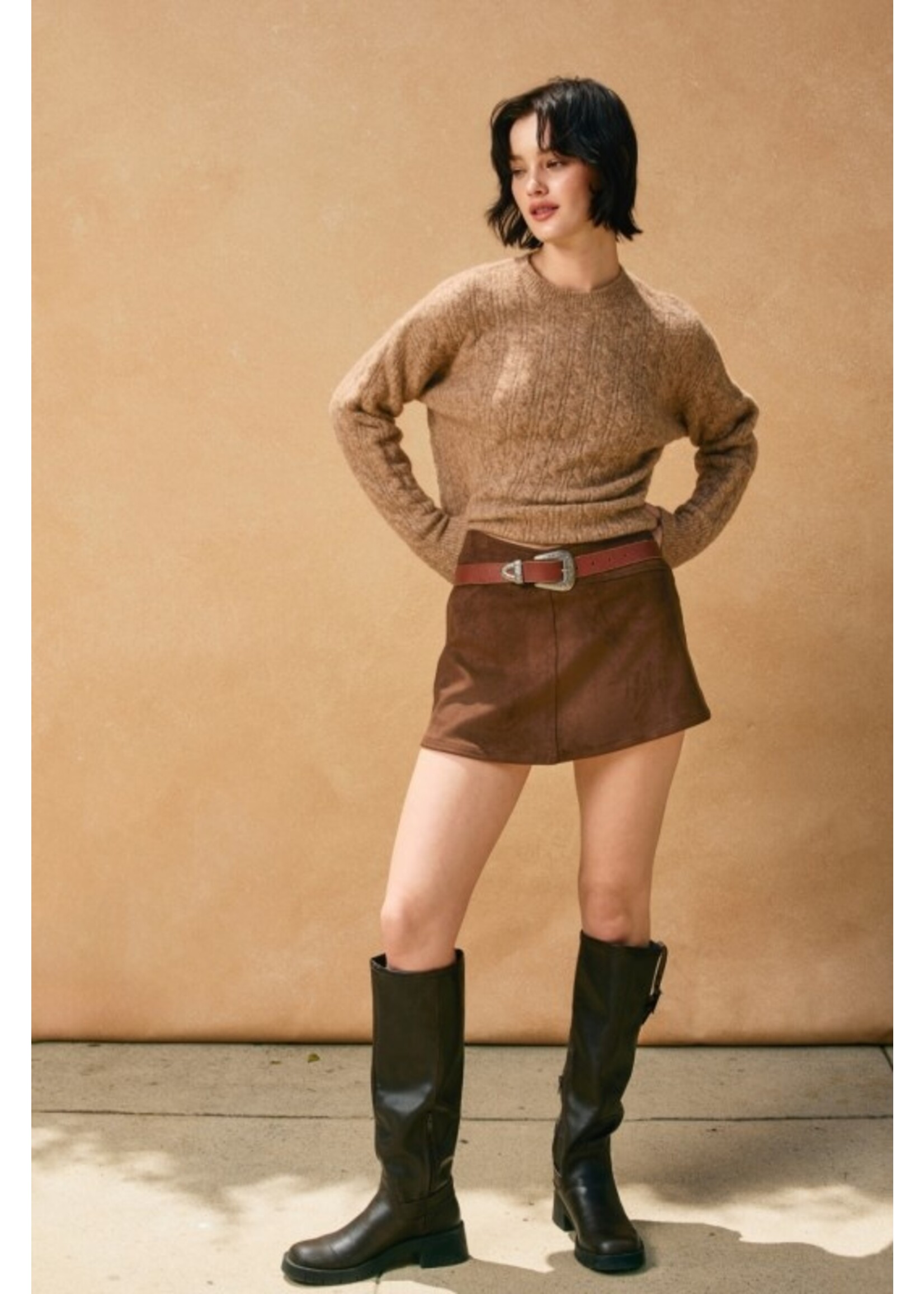 Oversized Cable Knit Crew Neck Sweater Caramel