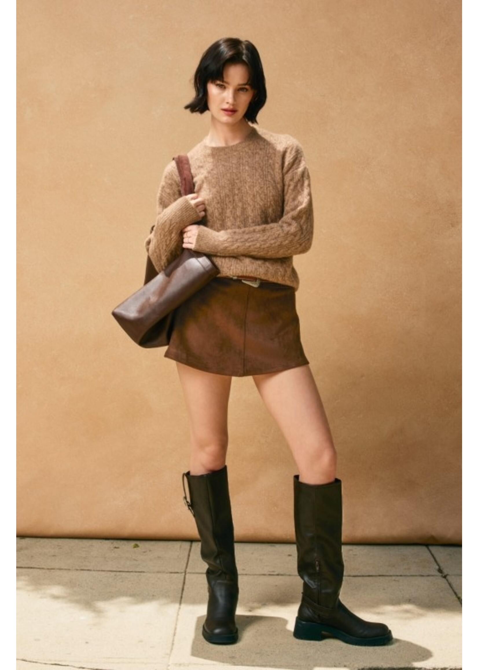 Oversized Cable Knit Crew Neck Sweater Caramel