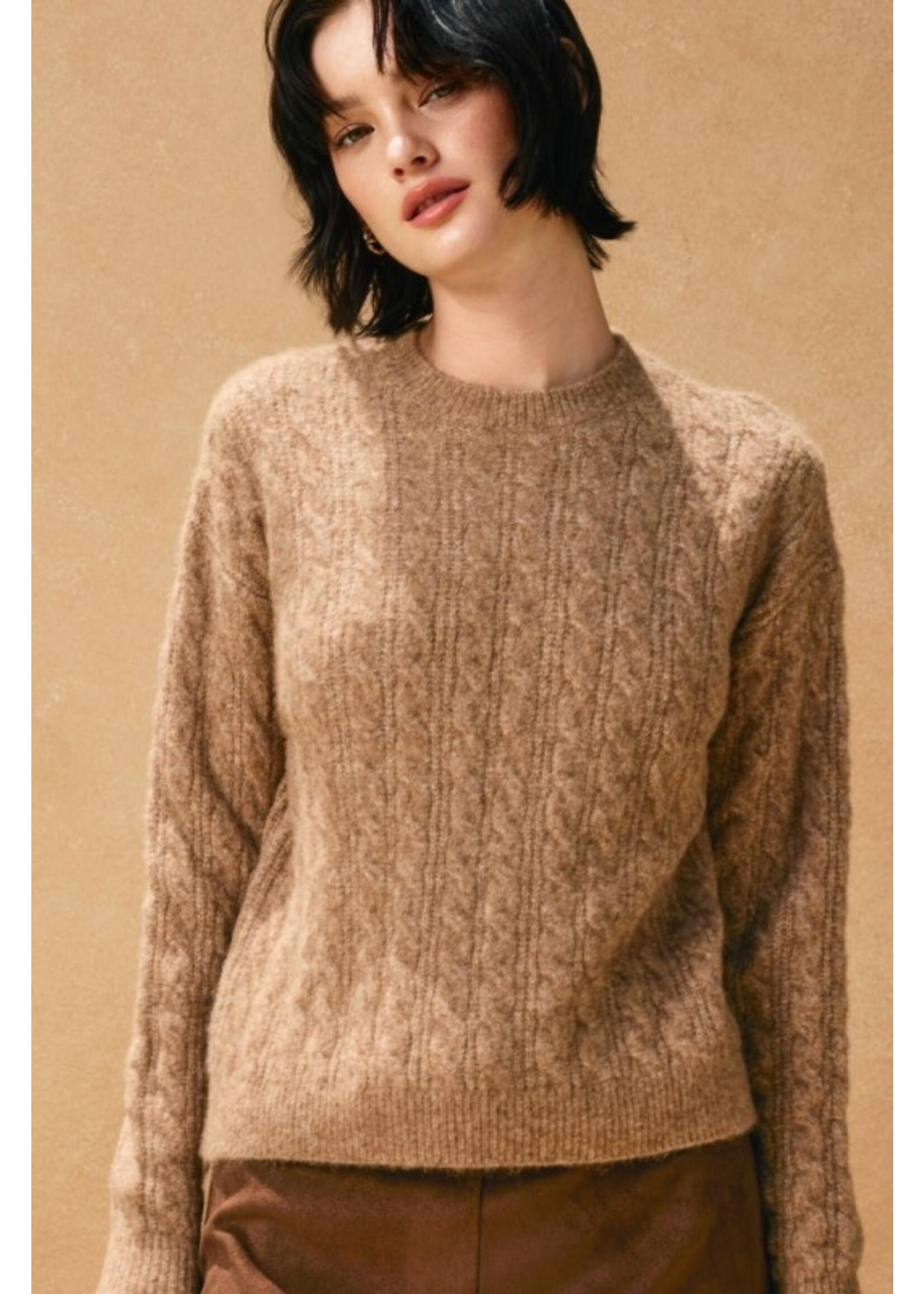 Oversized Cable Knit Crew Neck Sweater Caramel