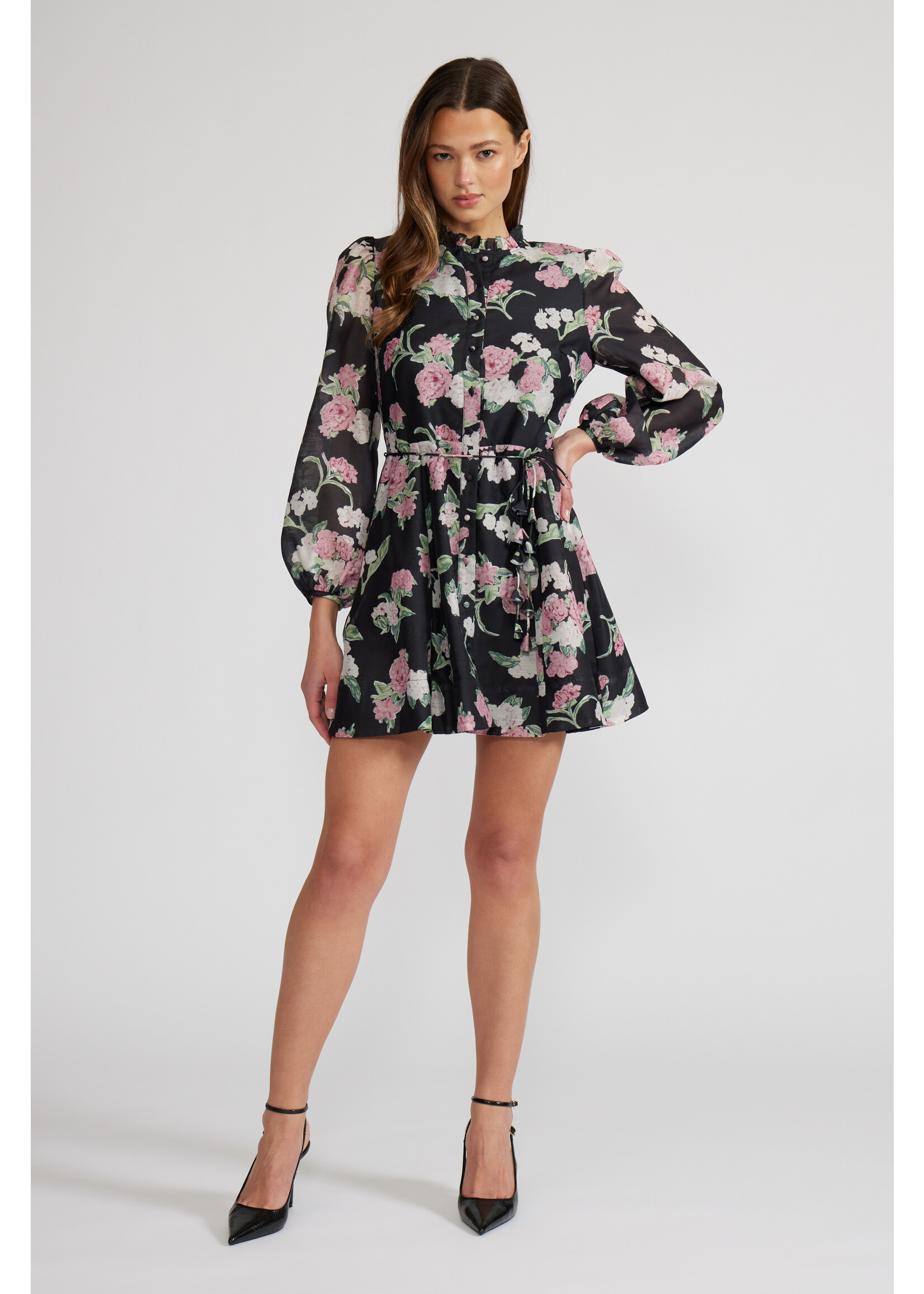 Nina Floral Mini Long Sleeve Dress Black