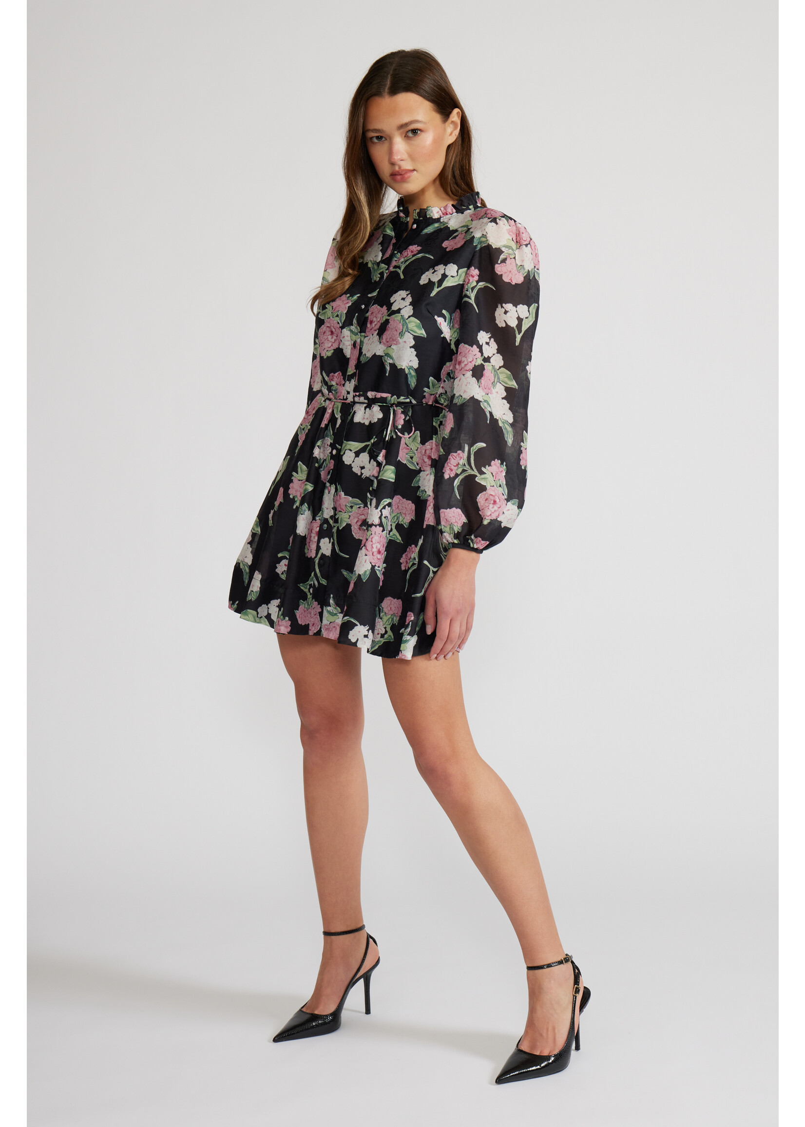 Nina Floral Mini Long Sleeve Dress Black