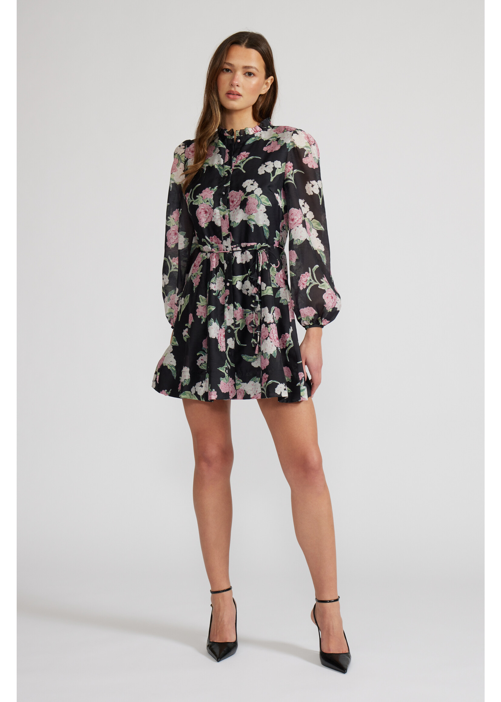 Nina Floral Mini Long Sleeve Dress Black