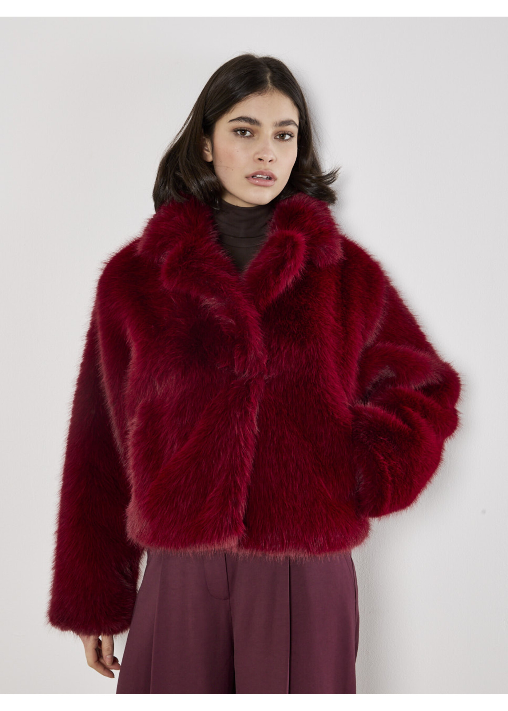 Faux Fur Collar Button Front Coat Burgundy