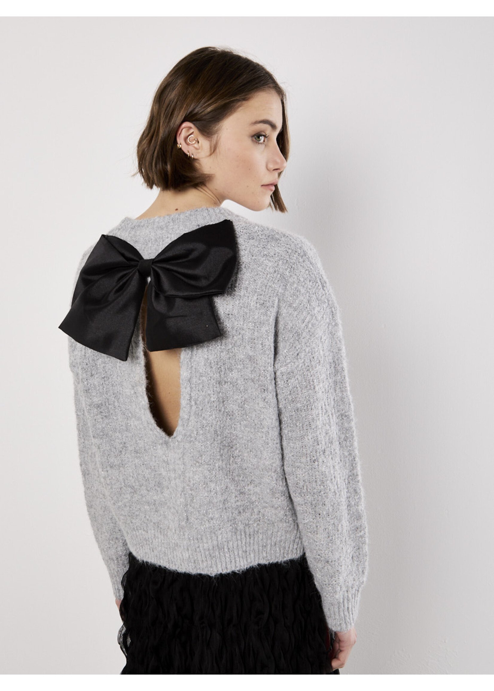Bow Back Lurex Fuzzy Sweater Grey