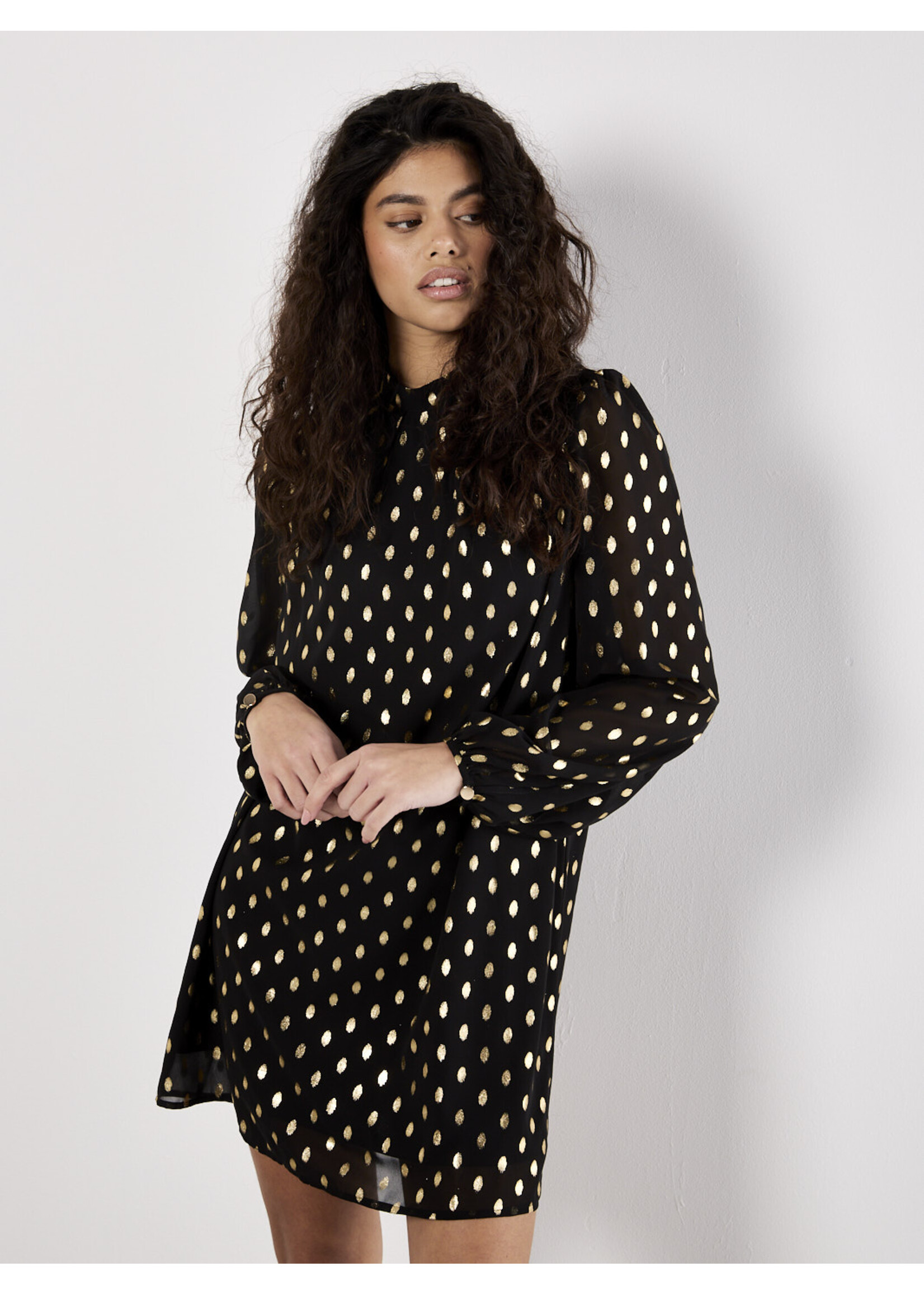 Ikat Foil Polka Dot Long Sleeve Shift Dress Black