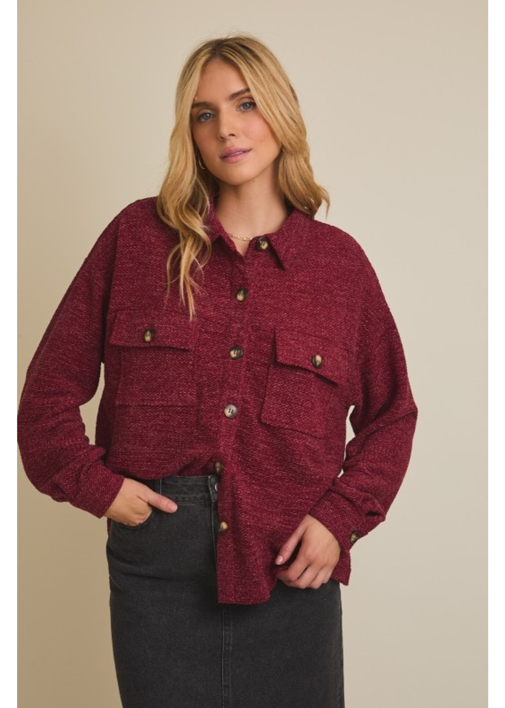 Collared Lightweight Shacket Burgundy