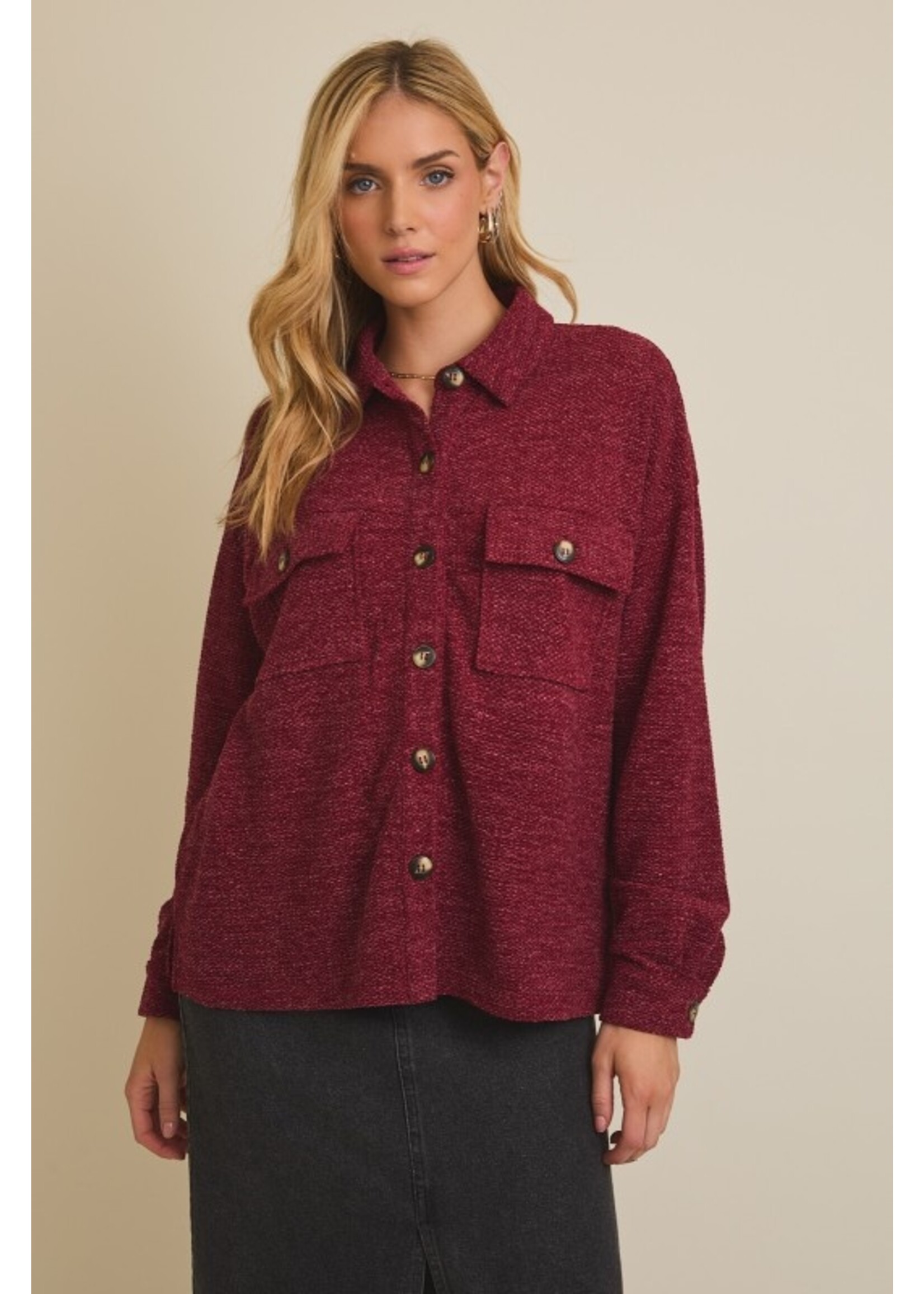Collared Lightweight Shacket Burgundy
