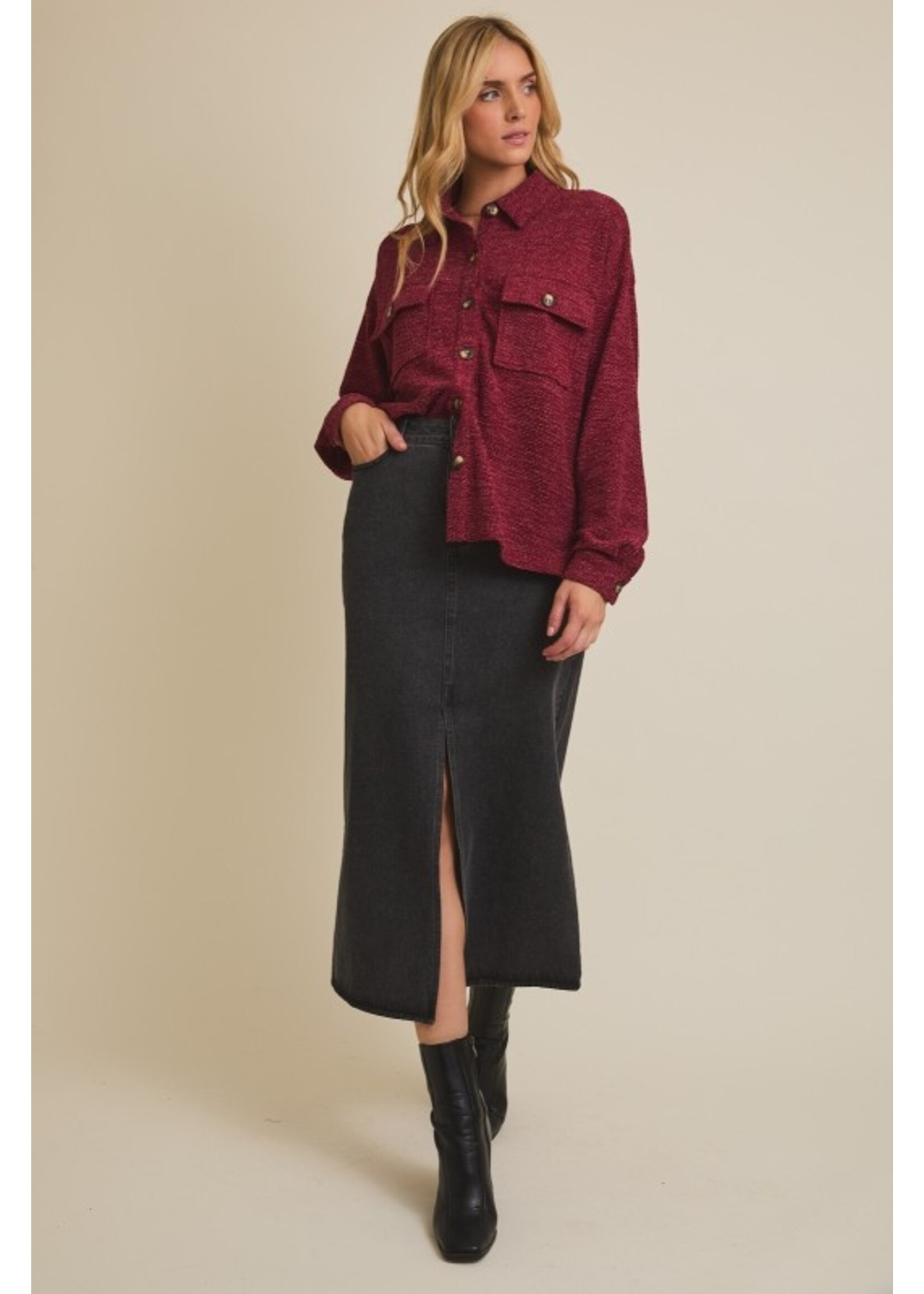 Collared Lightweight Shacket Burgundy