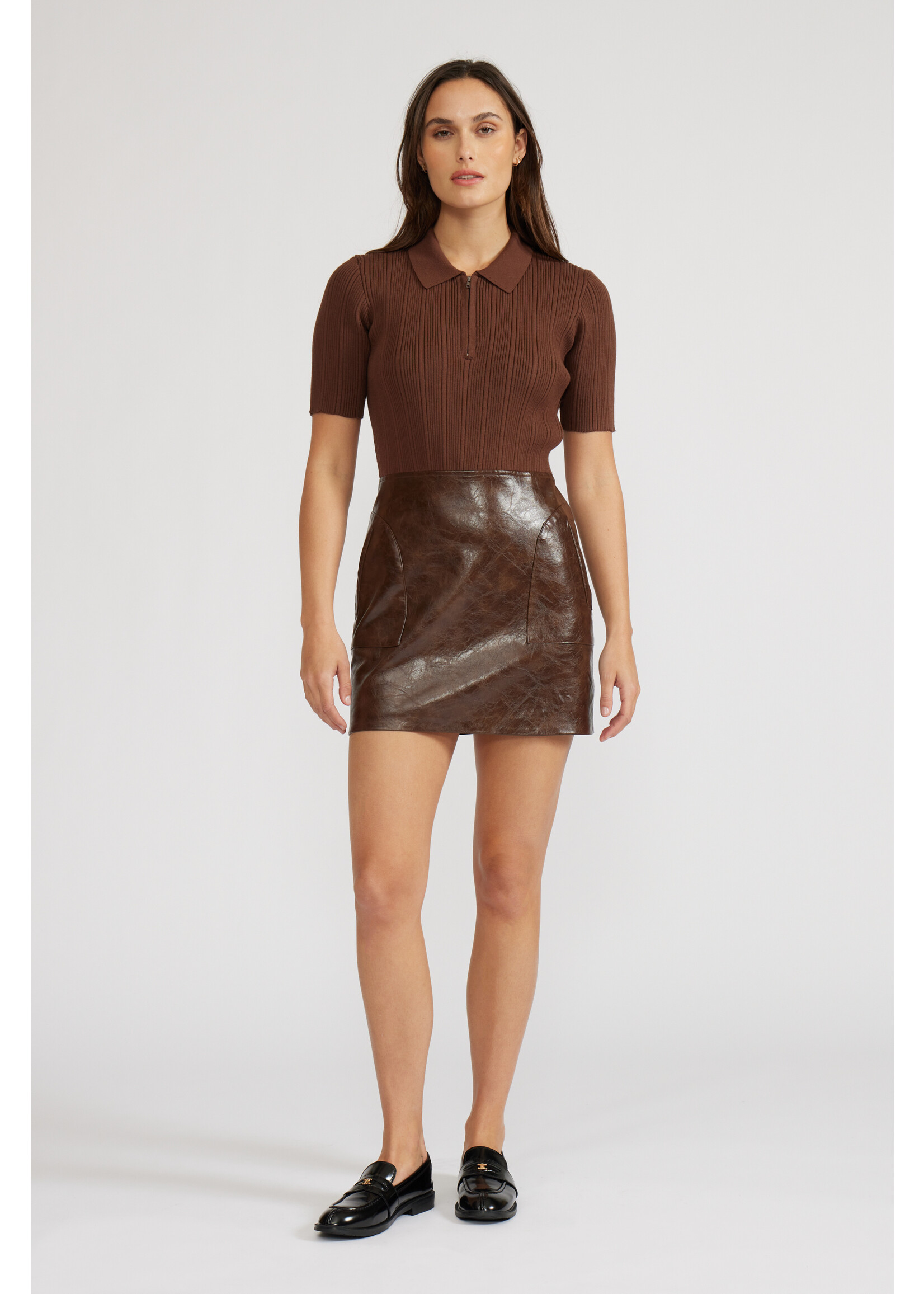 Kiko Mixed Media Knit/Leather Mini Dress Espresso