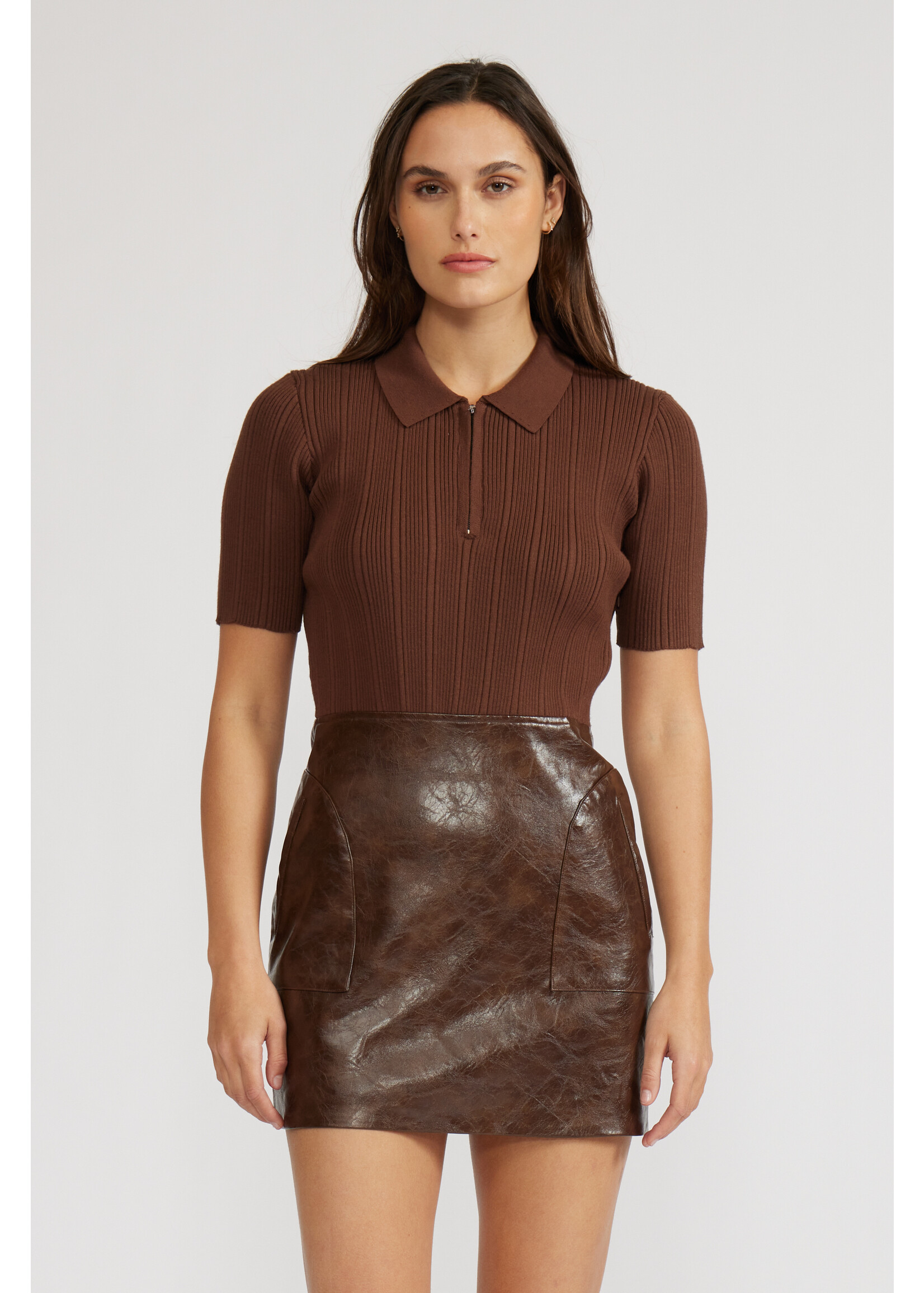 Kiko Mixed Media Knit/Leather Mini Dress Espresso