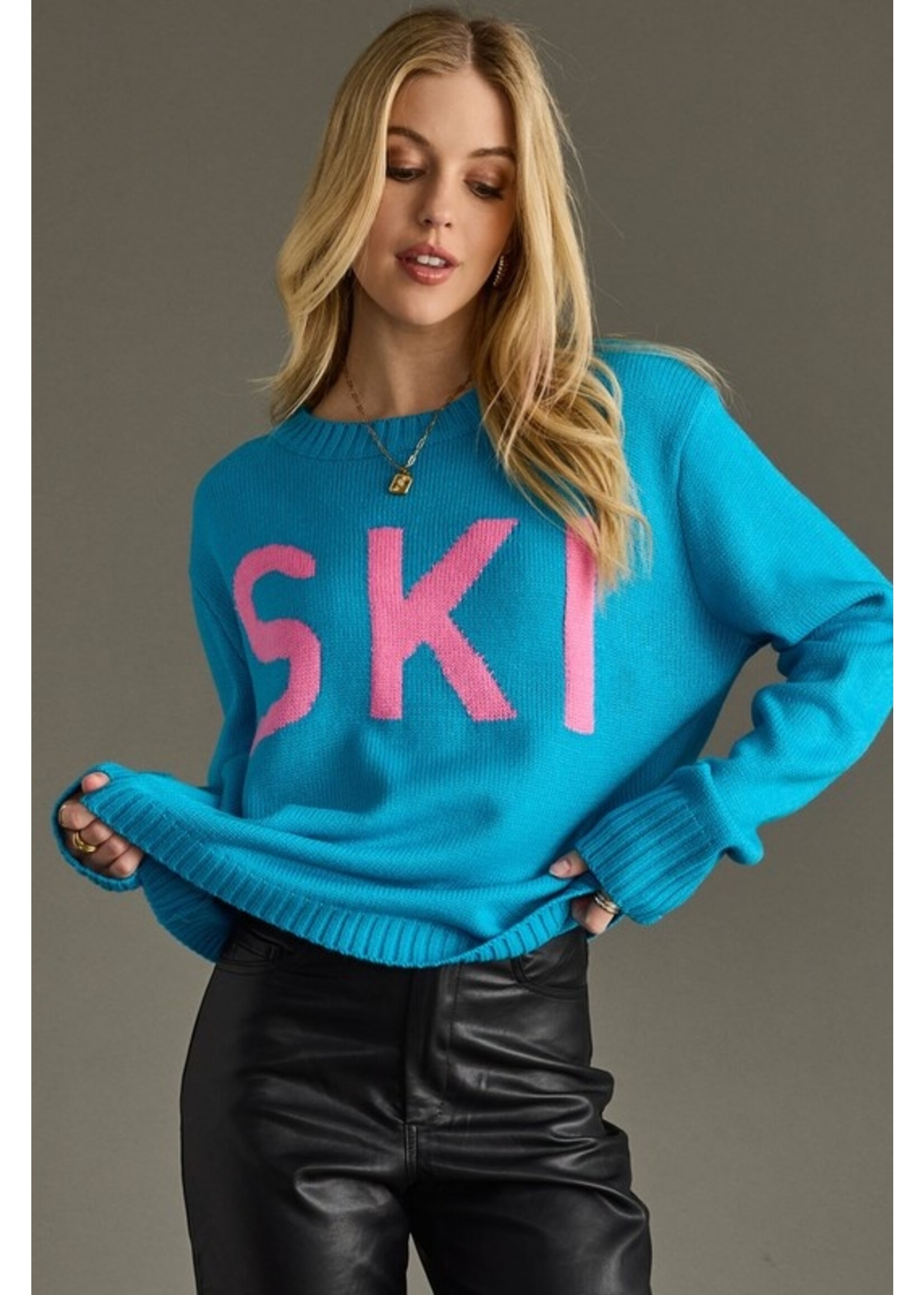 Panache Apparel Co. Ski Block Letter Sweater Blue/Pink