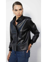Leather Ruffle Detail Button Up Top Black
