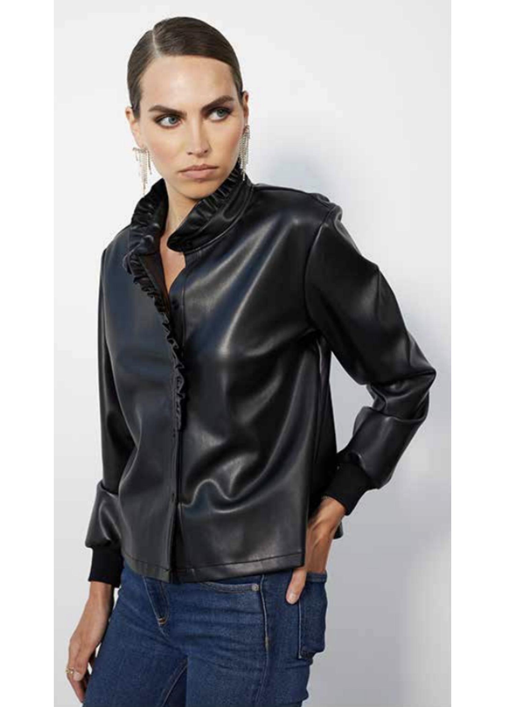 Leather Ruffle Detail Button Up Top Black