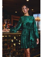 Velvet High Scoop Neck Belted Mini Dress Emerald
