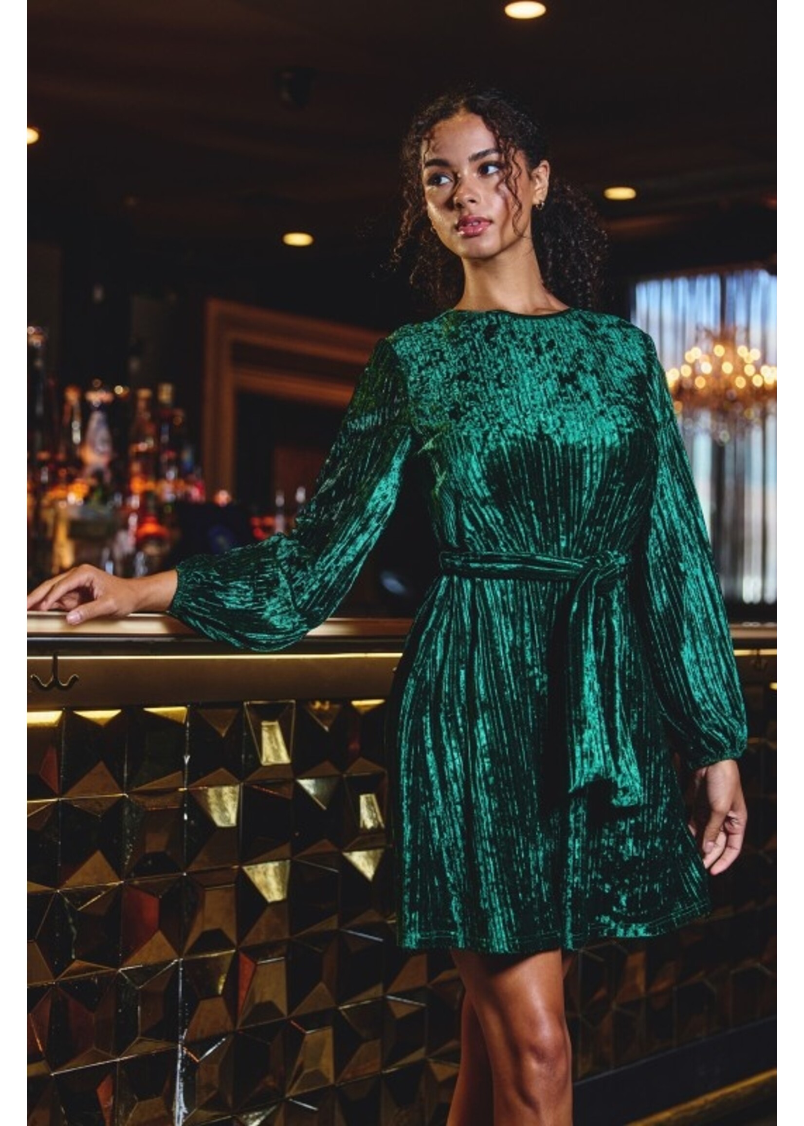 Velvet High Scoop Neck Belted Mini Dress Emerald