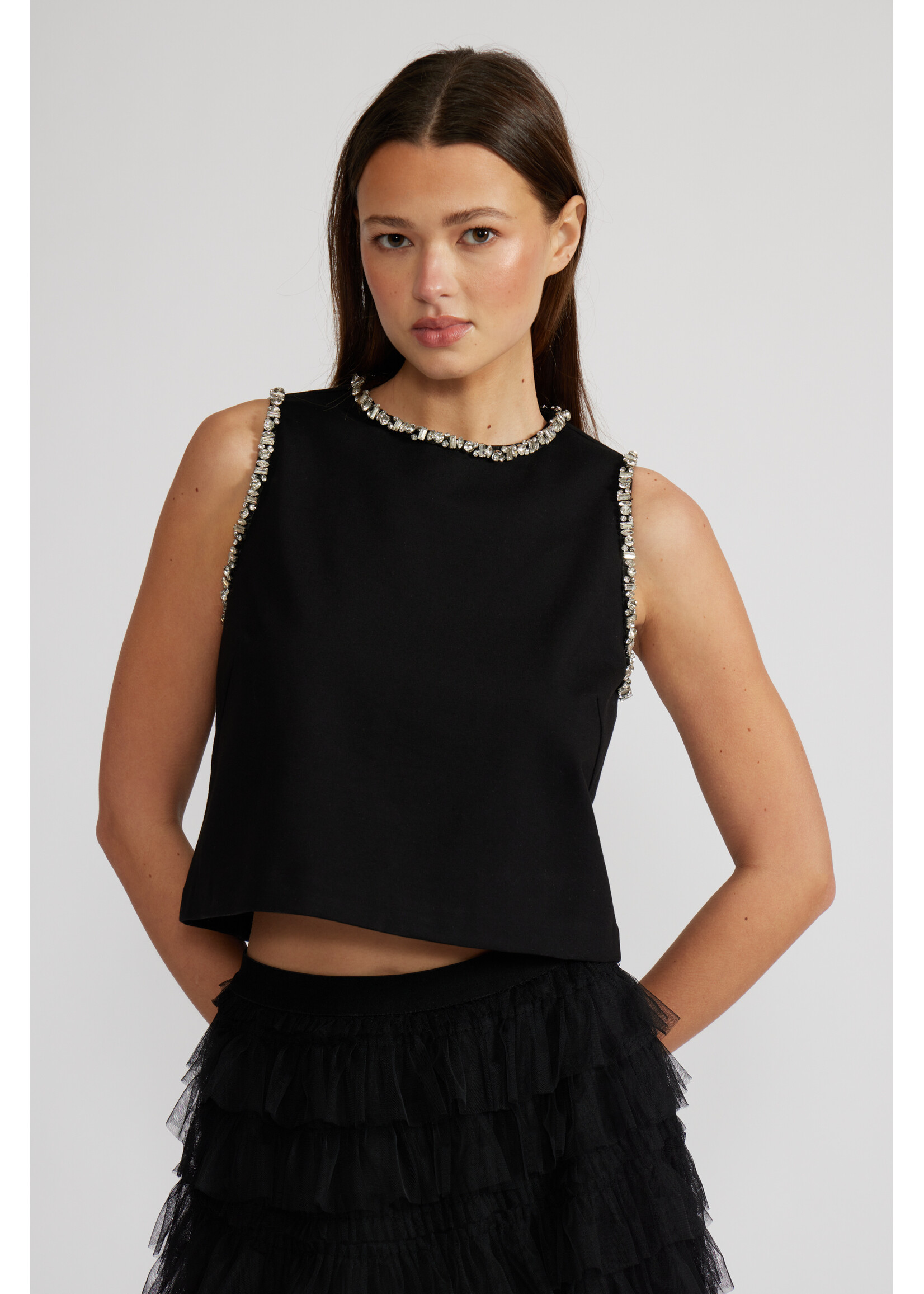 Meghan Crystal Trim Top Black