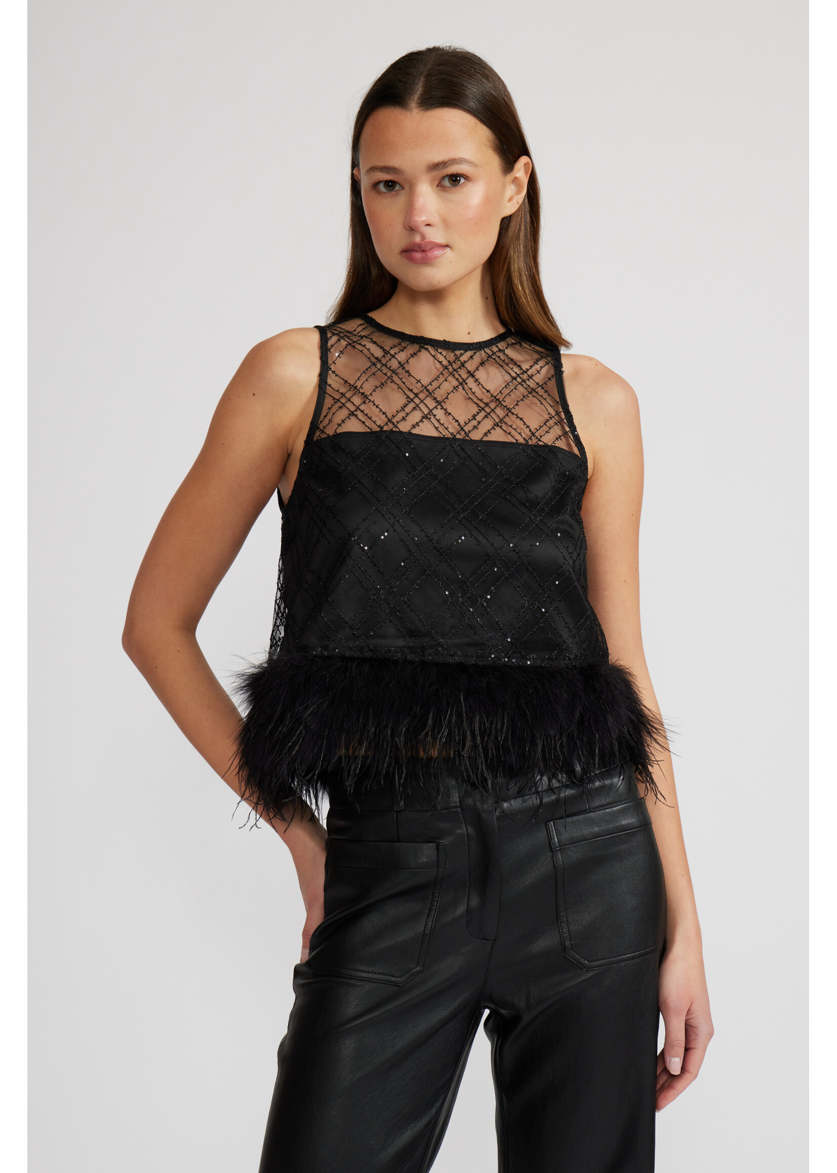 Miley Feather Trim Top Black