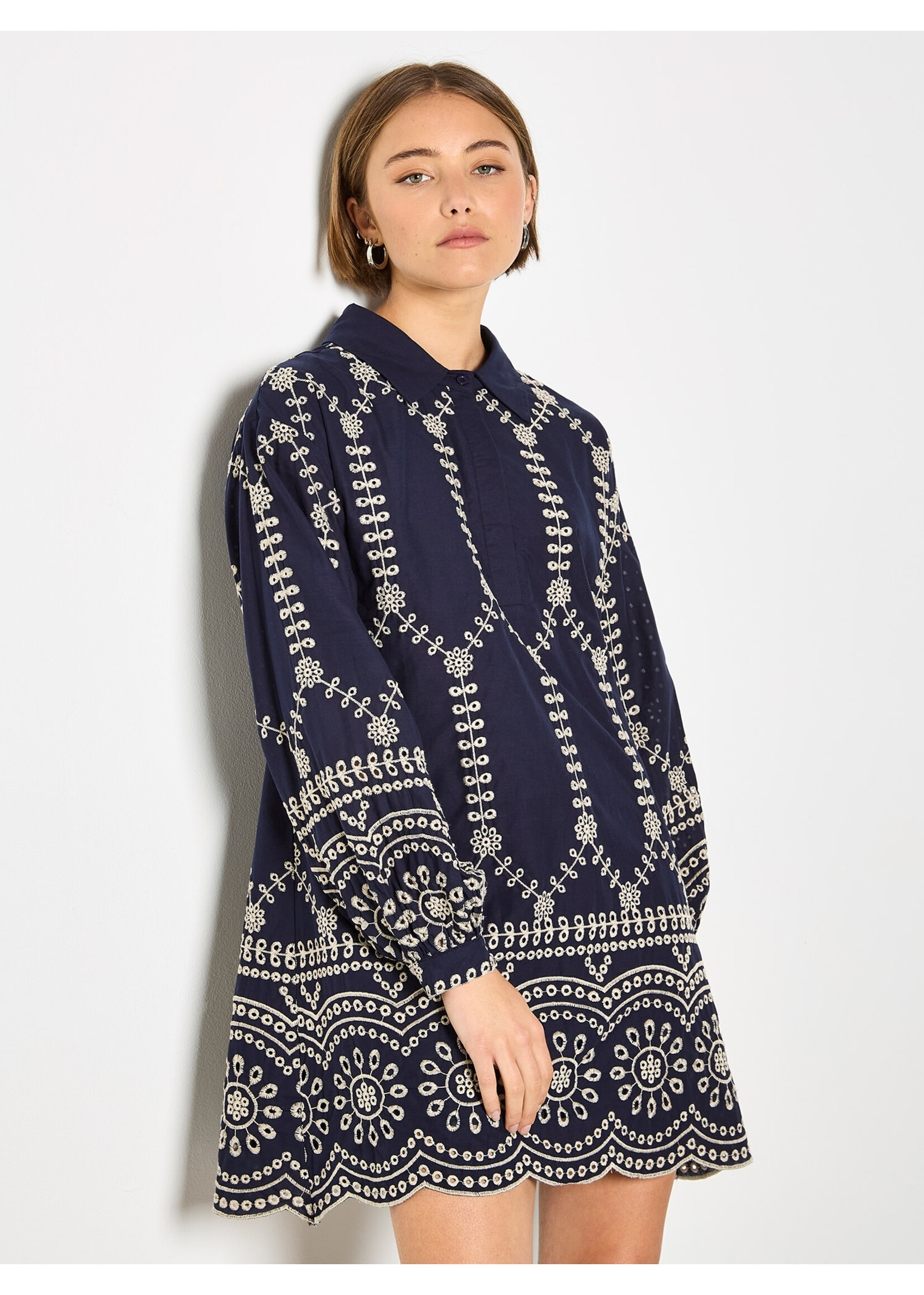 Two Tone Broderie Swing Shirt Dress Navy