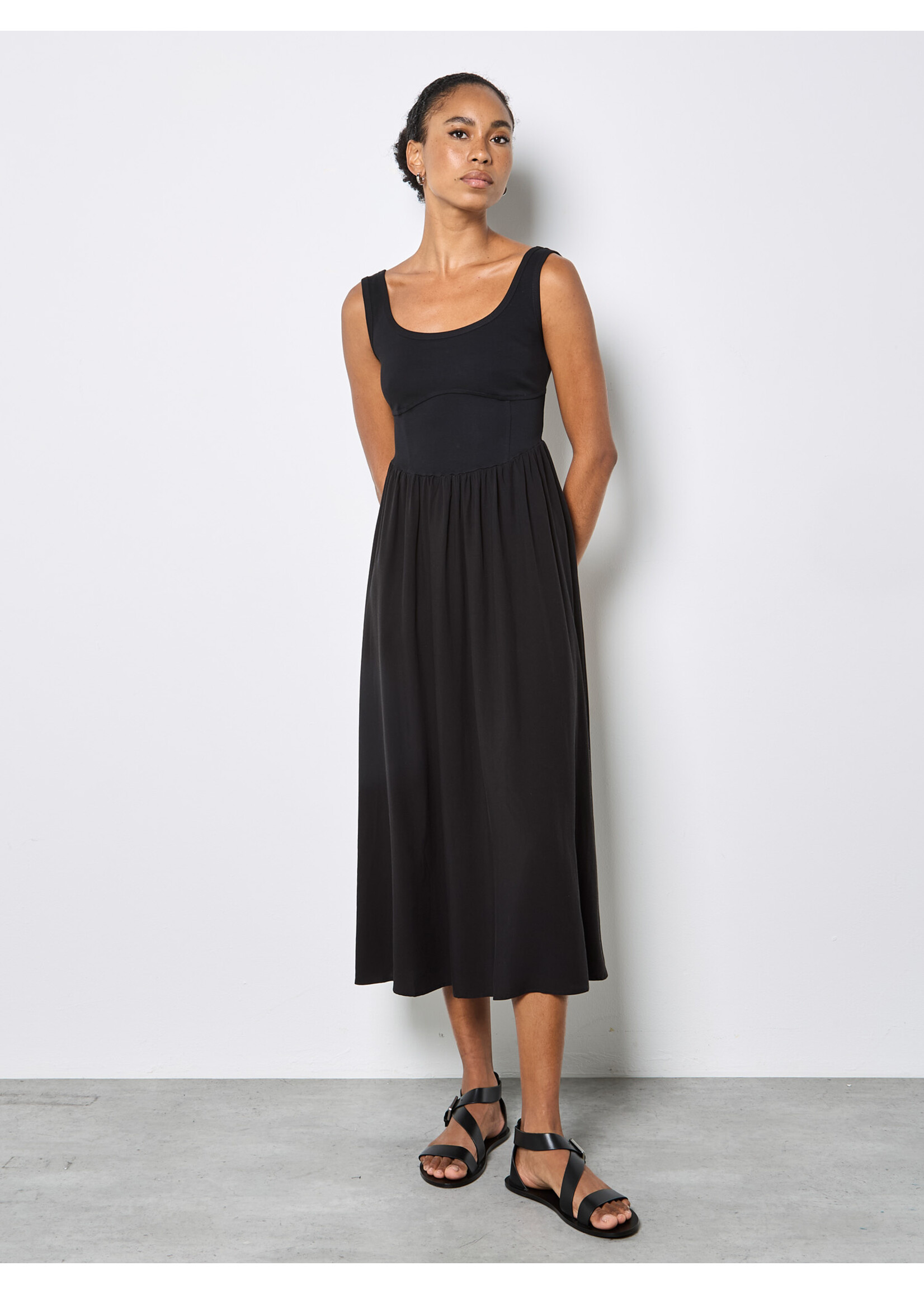 Corset Woven Skirt Midi Dress Black
