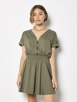 Zip Detail Shirred Waist Dress Khaki