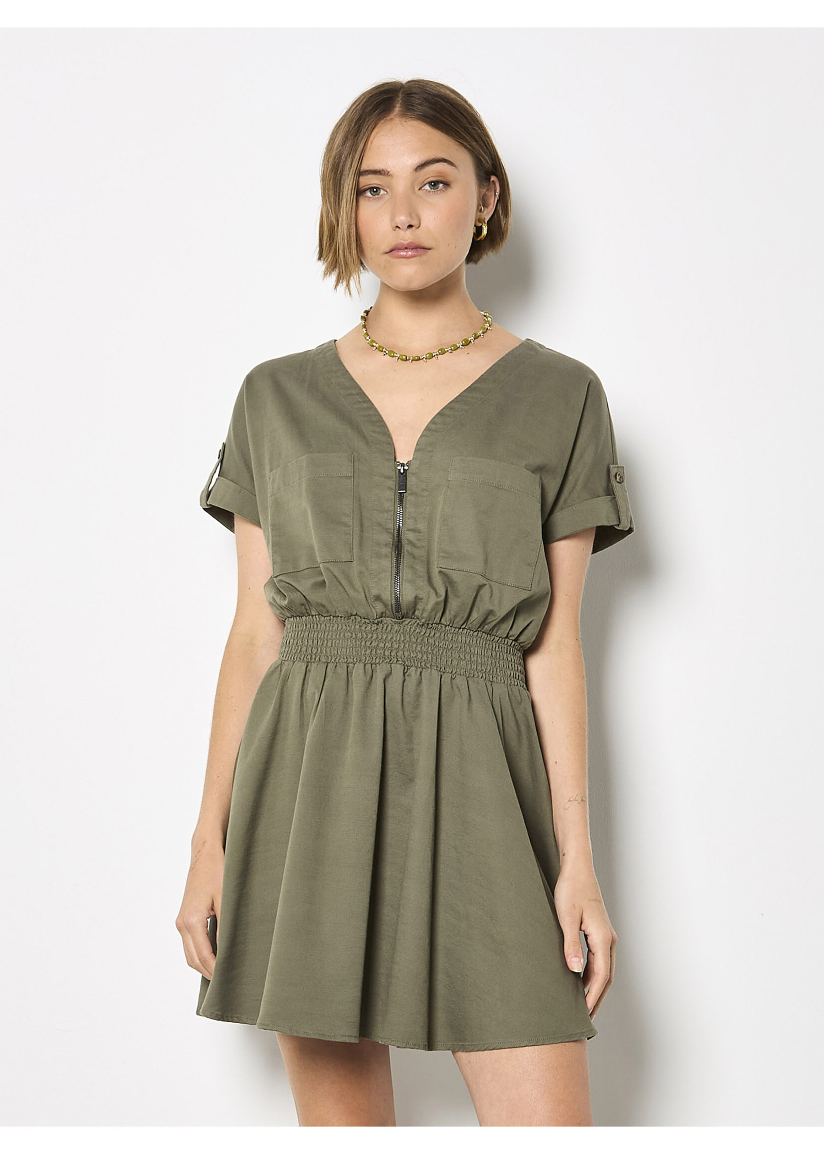 Zip Detail Shirred Waist Dress Khaki