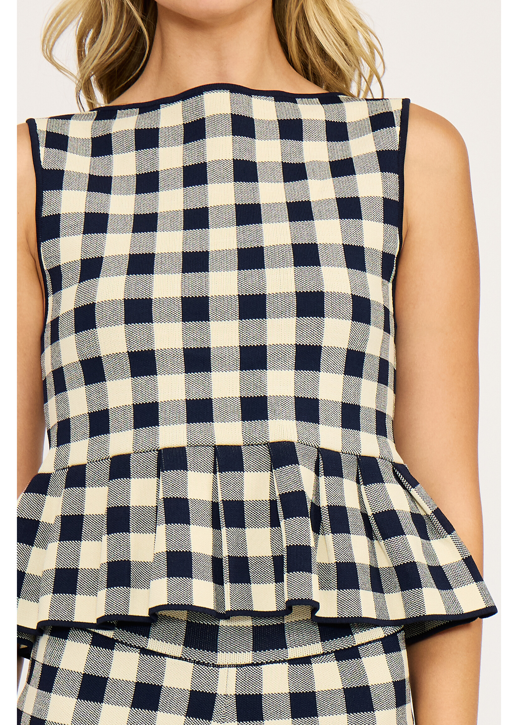Clara Peplum Knit Gingham Top Navy/Cream