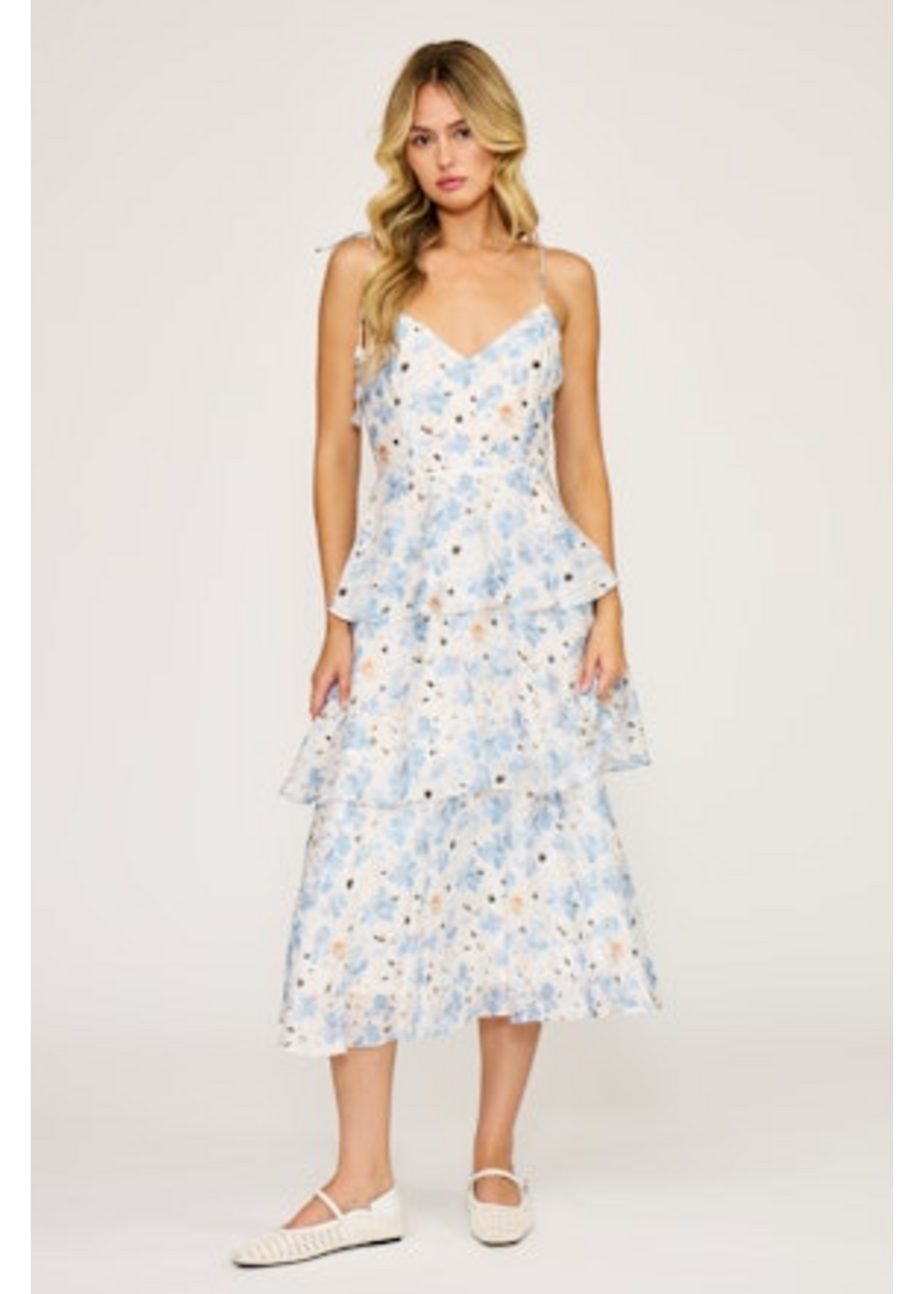 Maizie Tiered Floral Dress White Blue