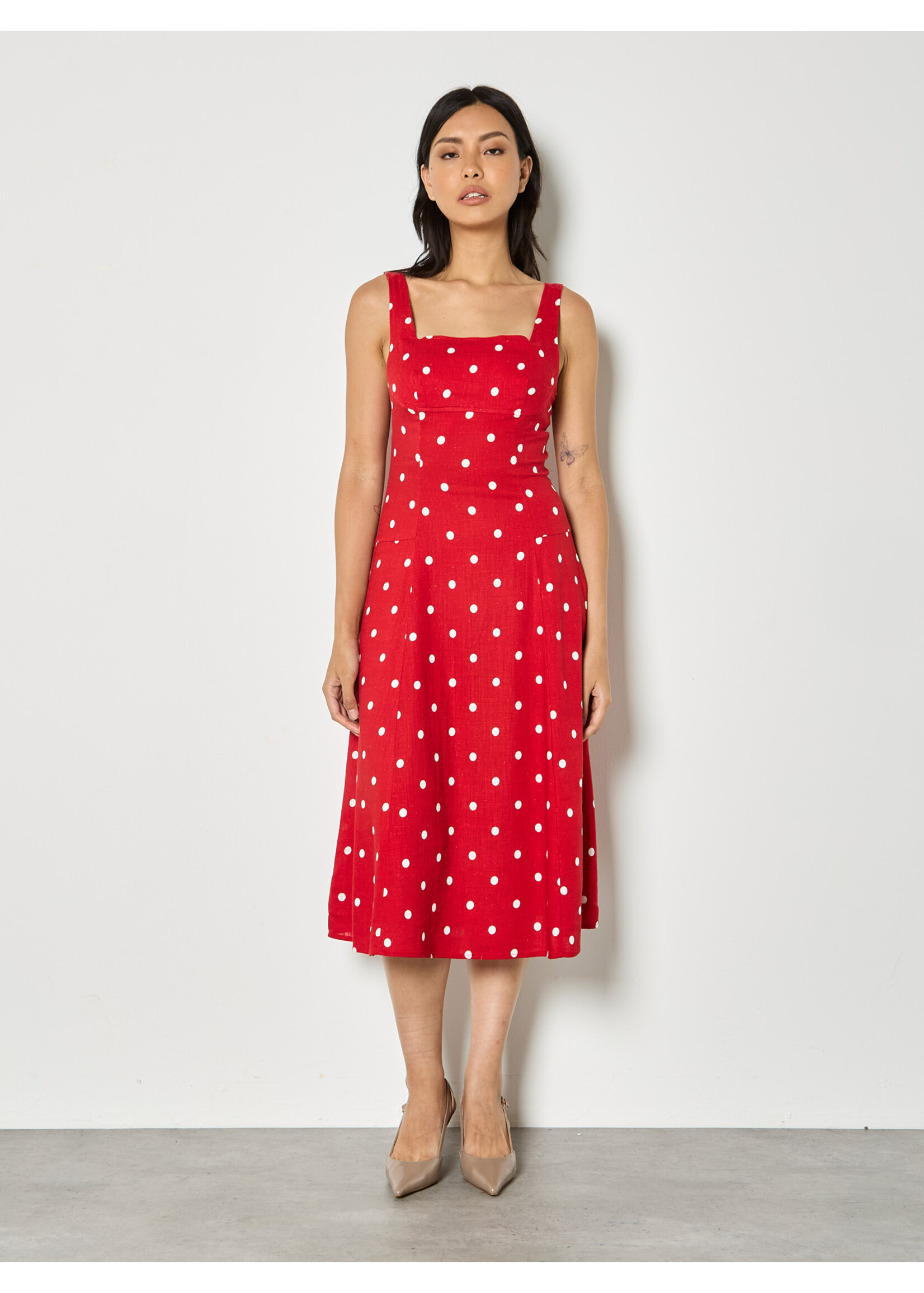 Polka Dot Square Neck Midi Dress Red