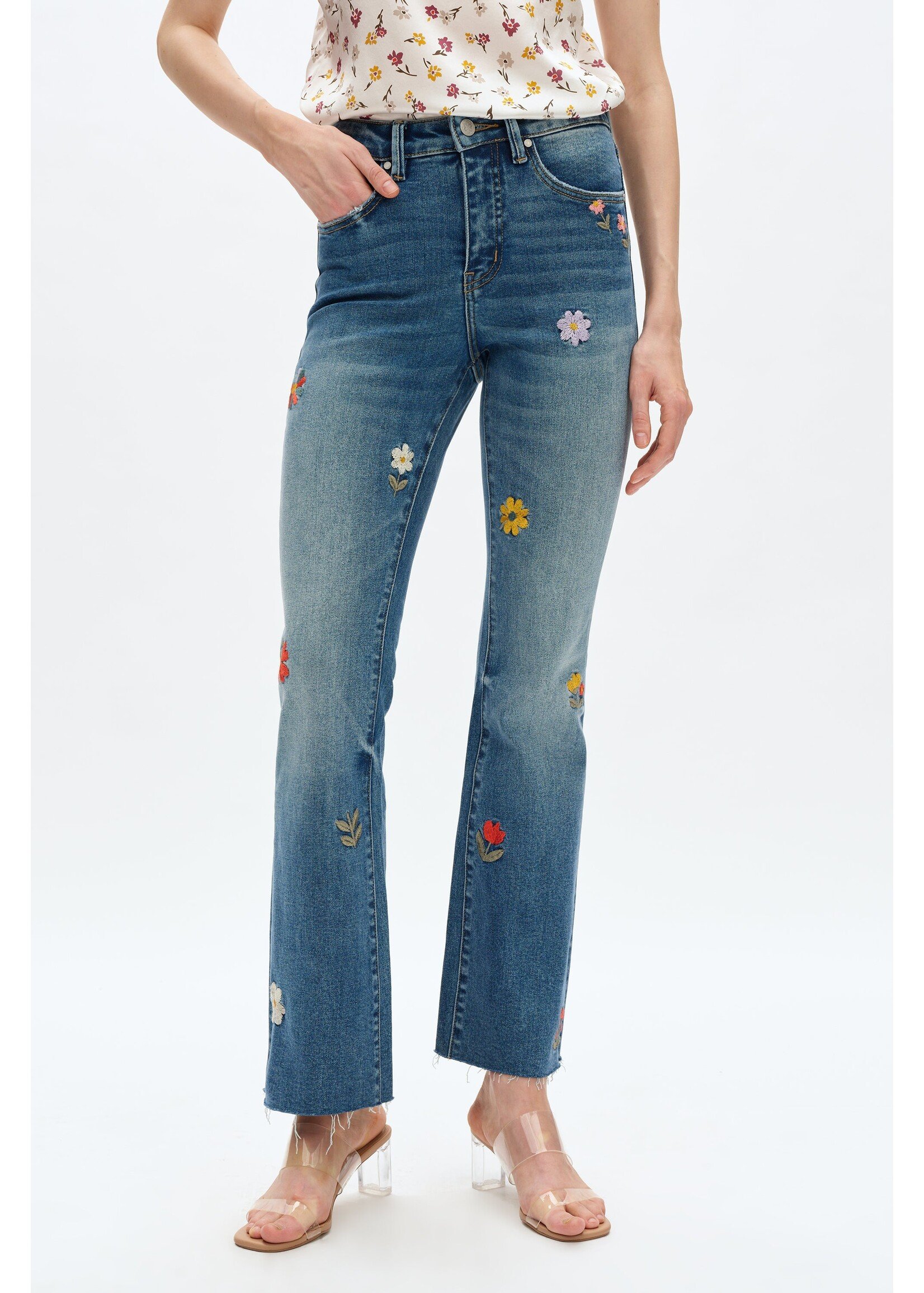 Linda Mid Rise Flower Embroidered Bootcut Jean Medium Blue