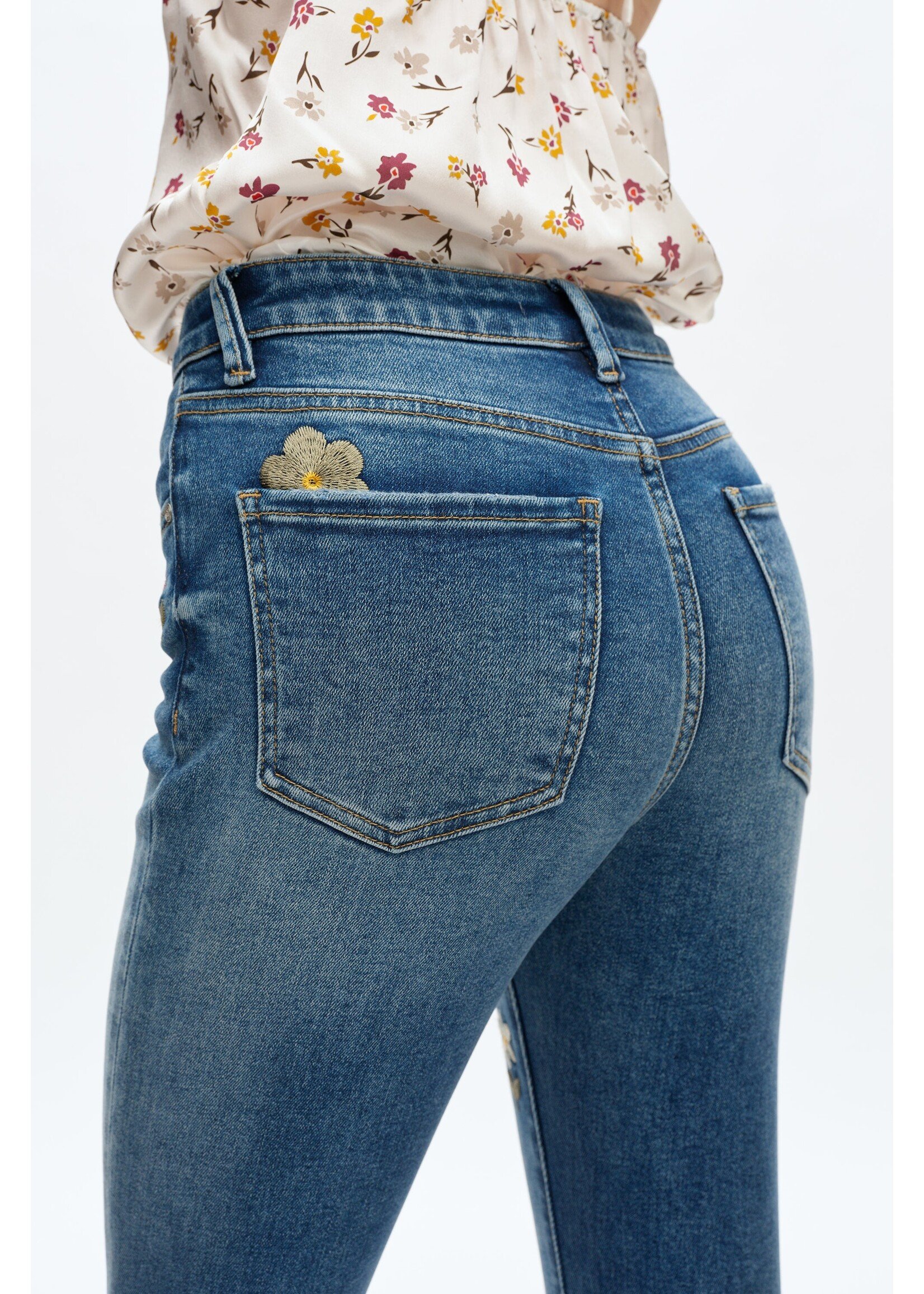 Linda Mid Rise Flower Embroidered Bootcut Jean Medium Blue