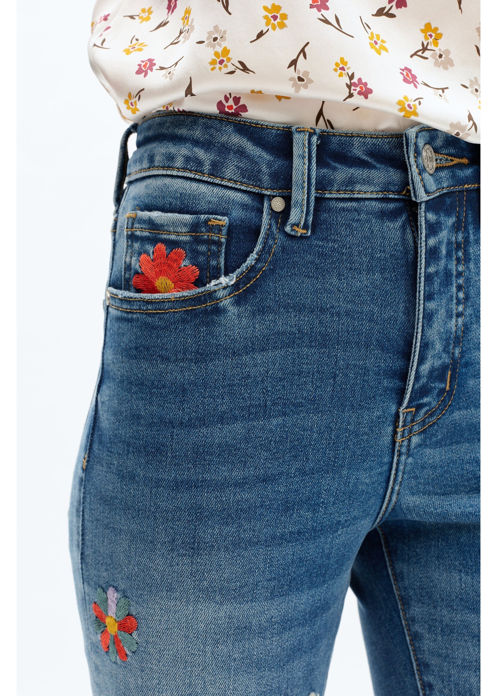 Linda Mid Rise Flower Embroidered Bootcut Jean Medium Blue
