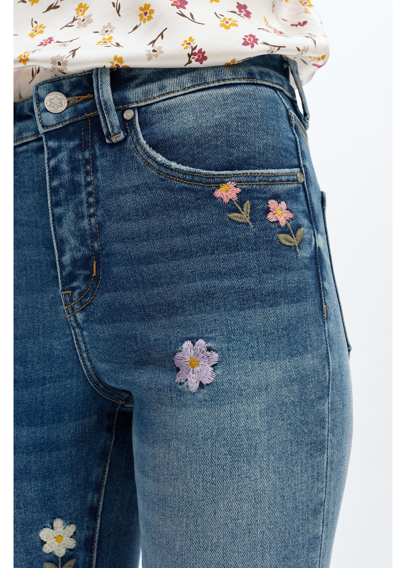 Linda Mid Rise Flower Embroidered Bootcut Jean Medium Blue