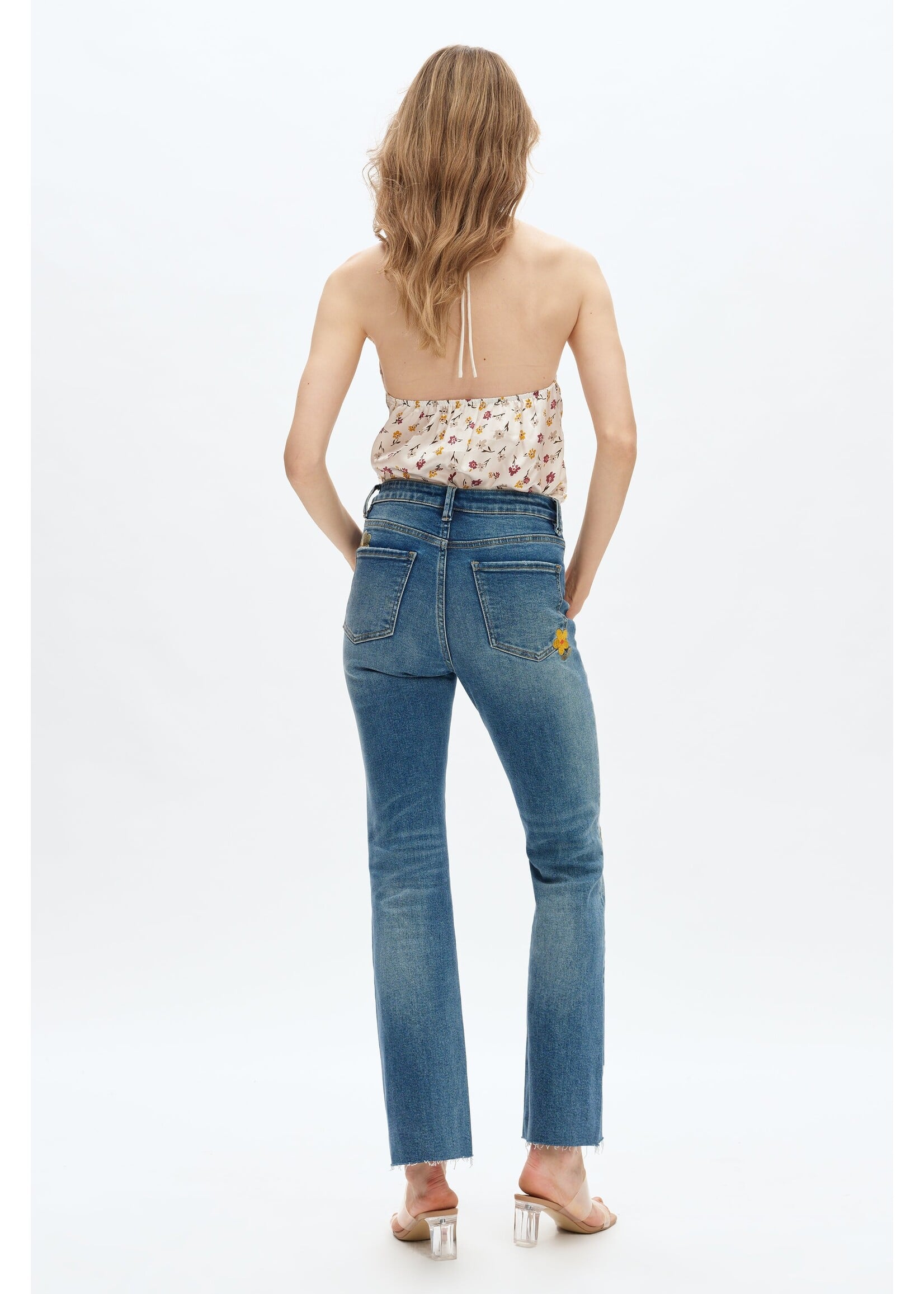 Linda Mid Rise Flower Embroidered Bootcut Jean Medium Blue