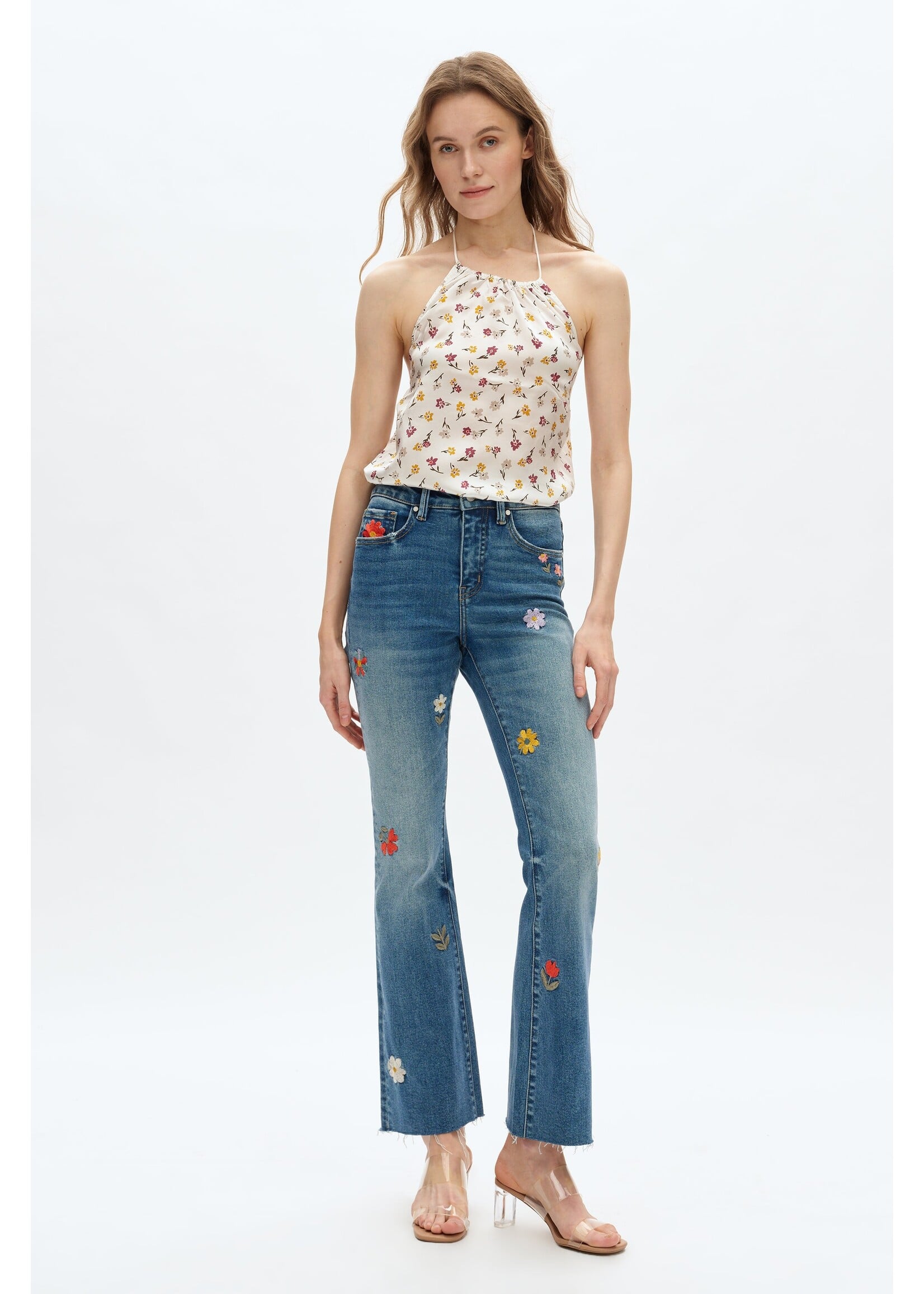 Linda Mid Rise Flower Embroidered Bootcut Jean Medium Blue