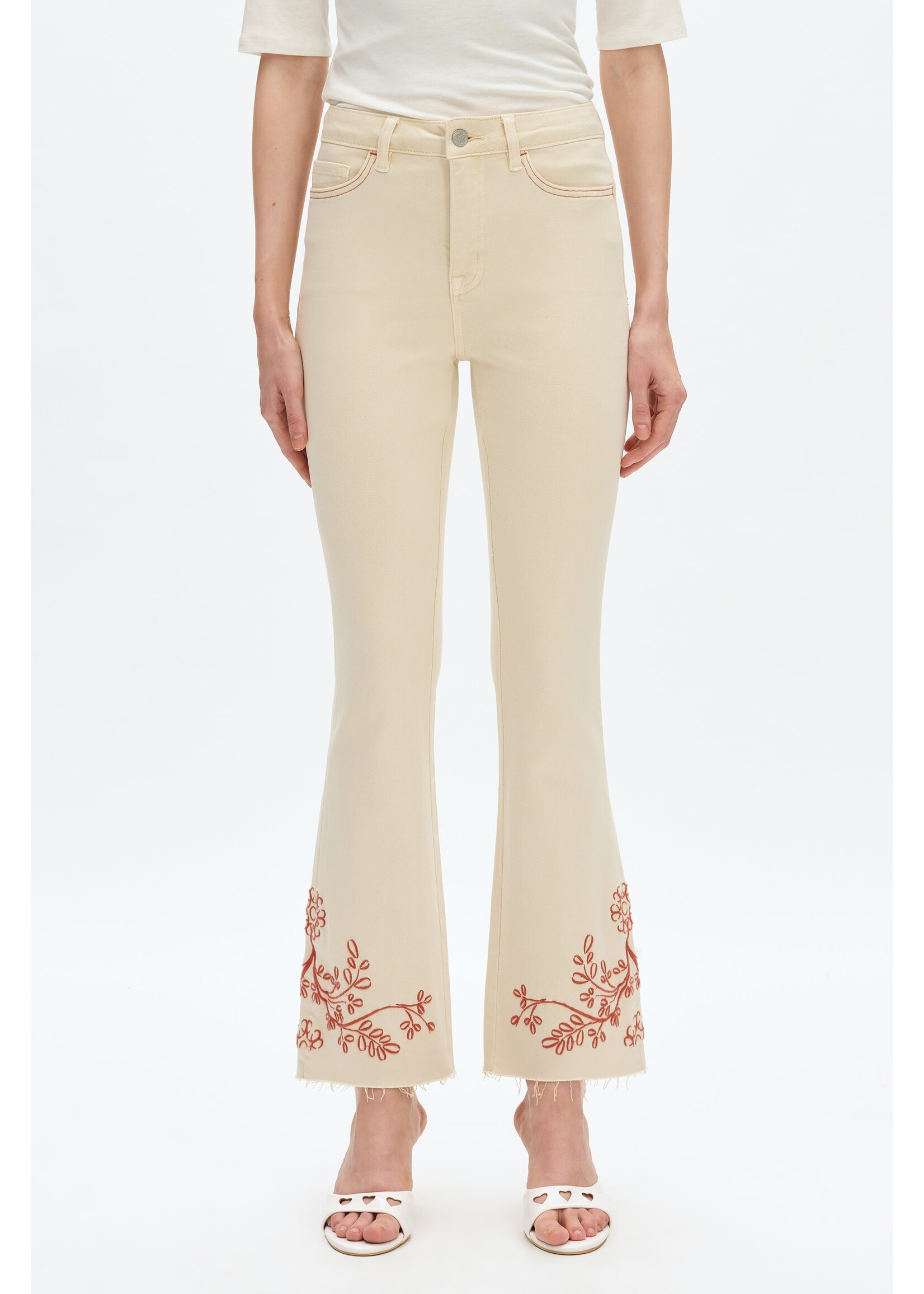 Caitlin High Rise Embroidered Bootcut Jean Off White