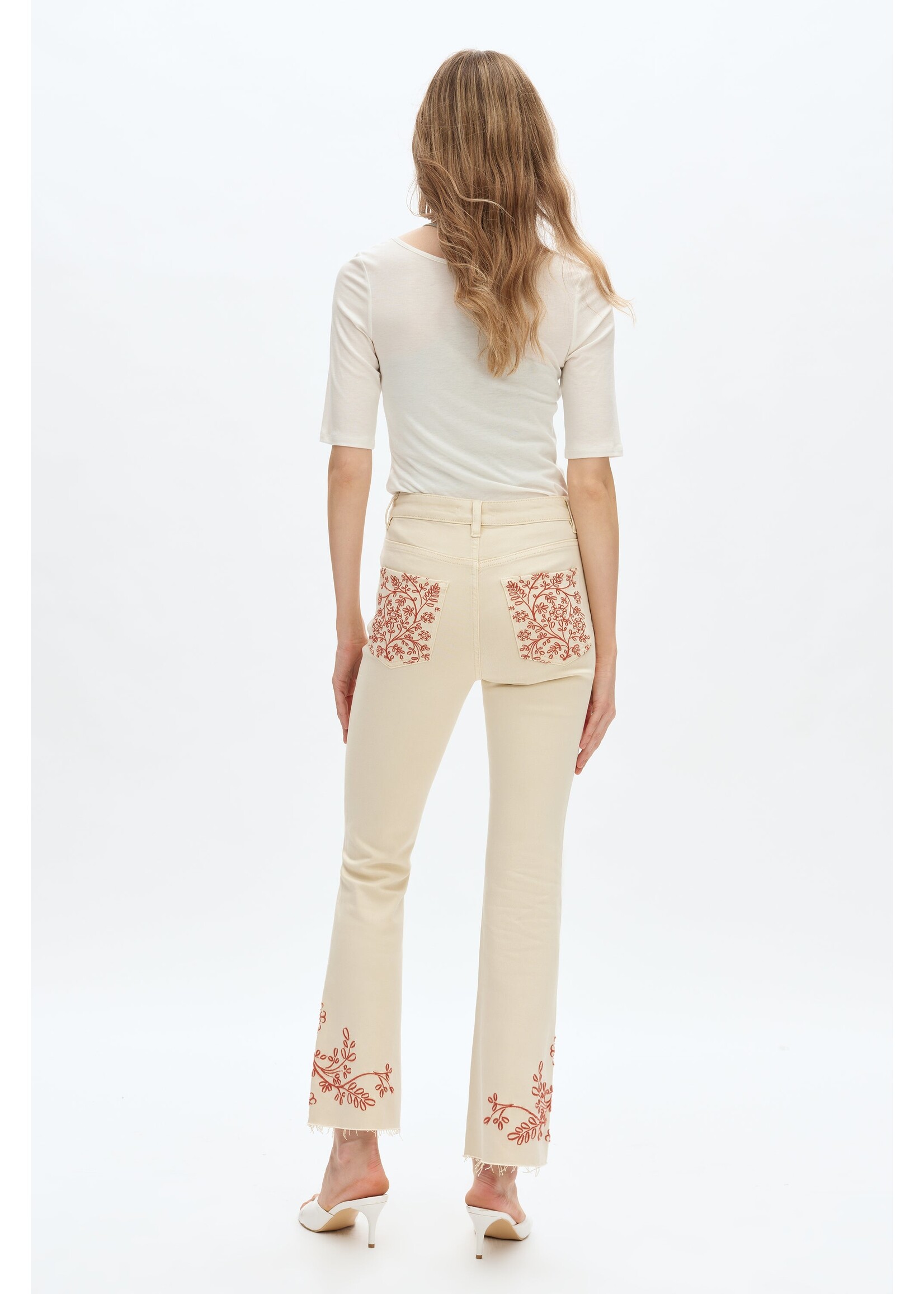 Caitlin High Rise Embroidered Bootcut Jean Off White