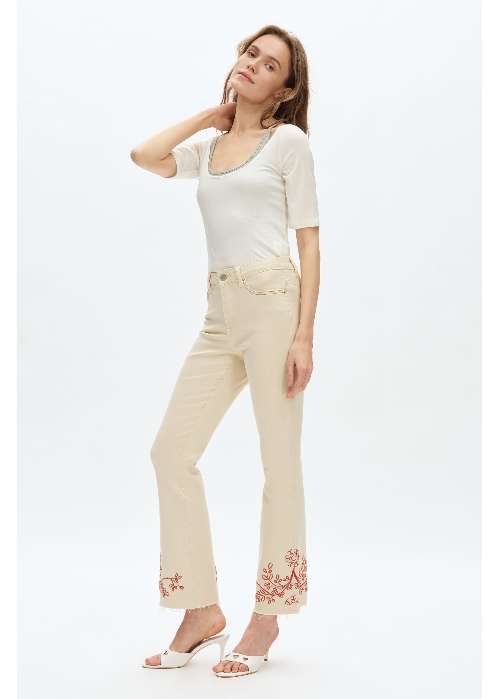Caitlin High Rise Embroidered Bootcut Jean Off White