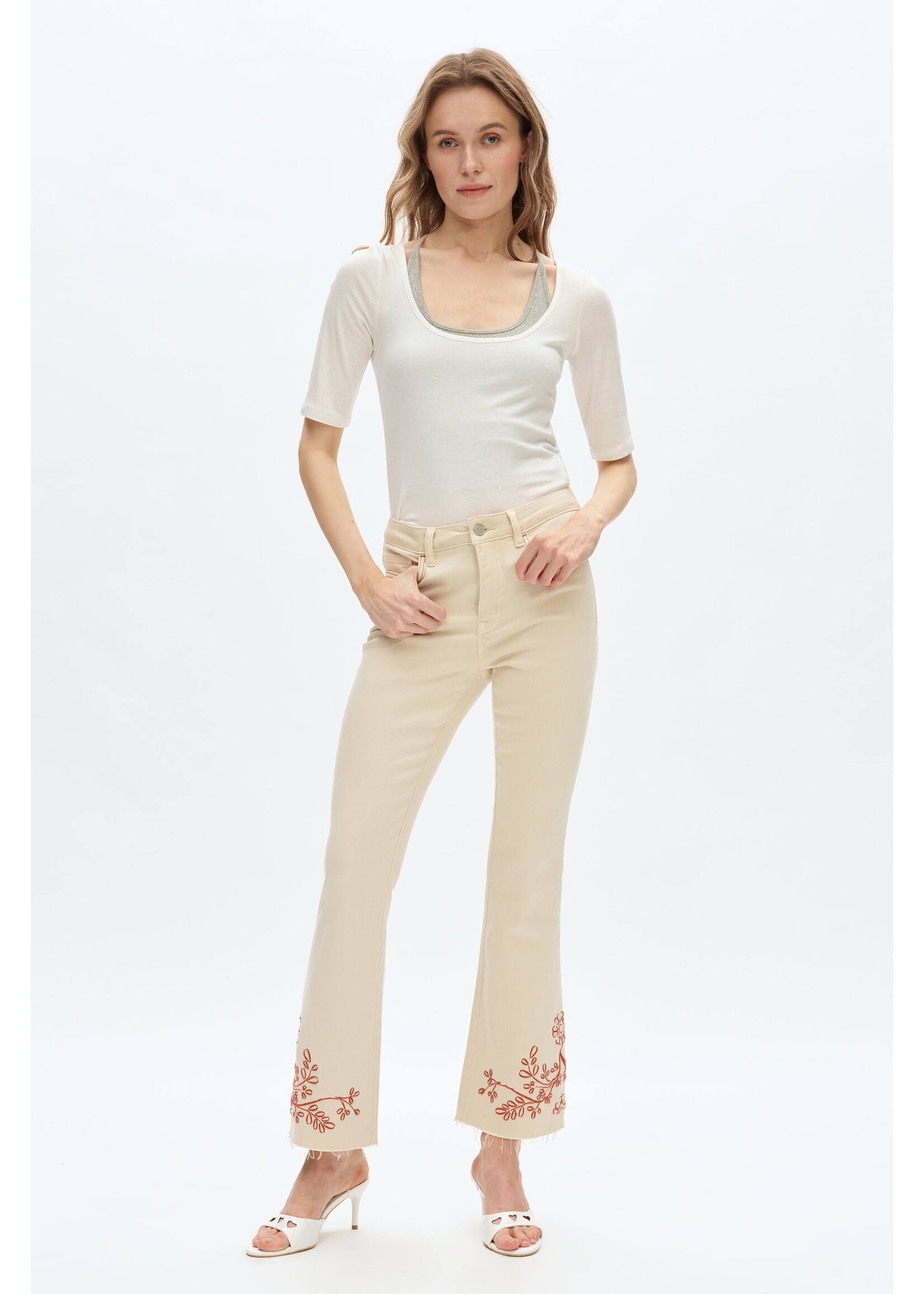 Caitlin High Rise Embroidered Bootcut Jean Off White