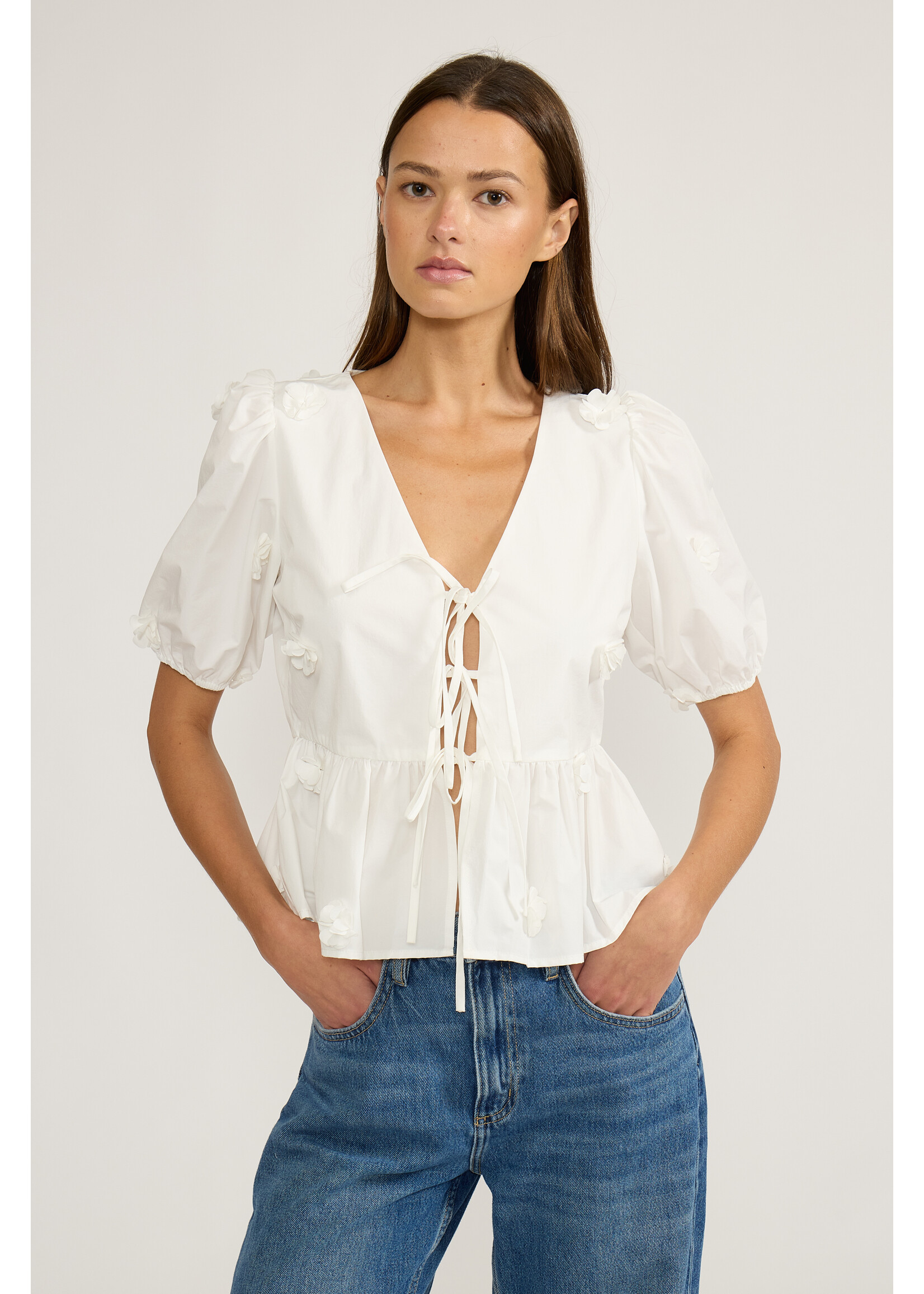 Melanie 3D Flower Tie Blouse White