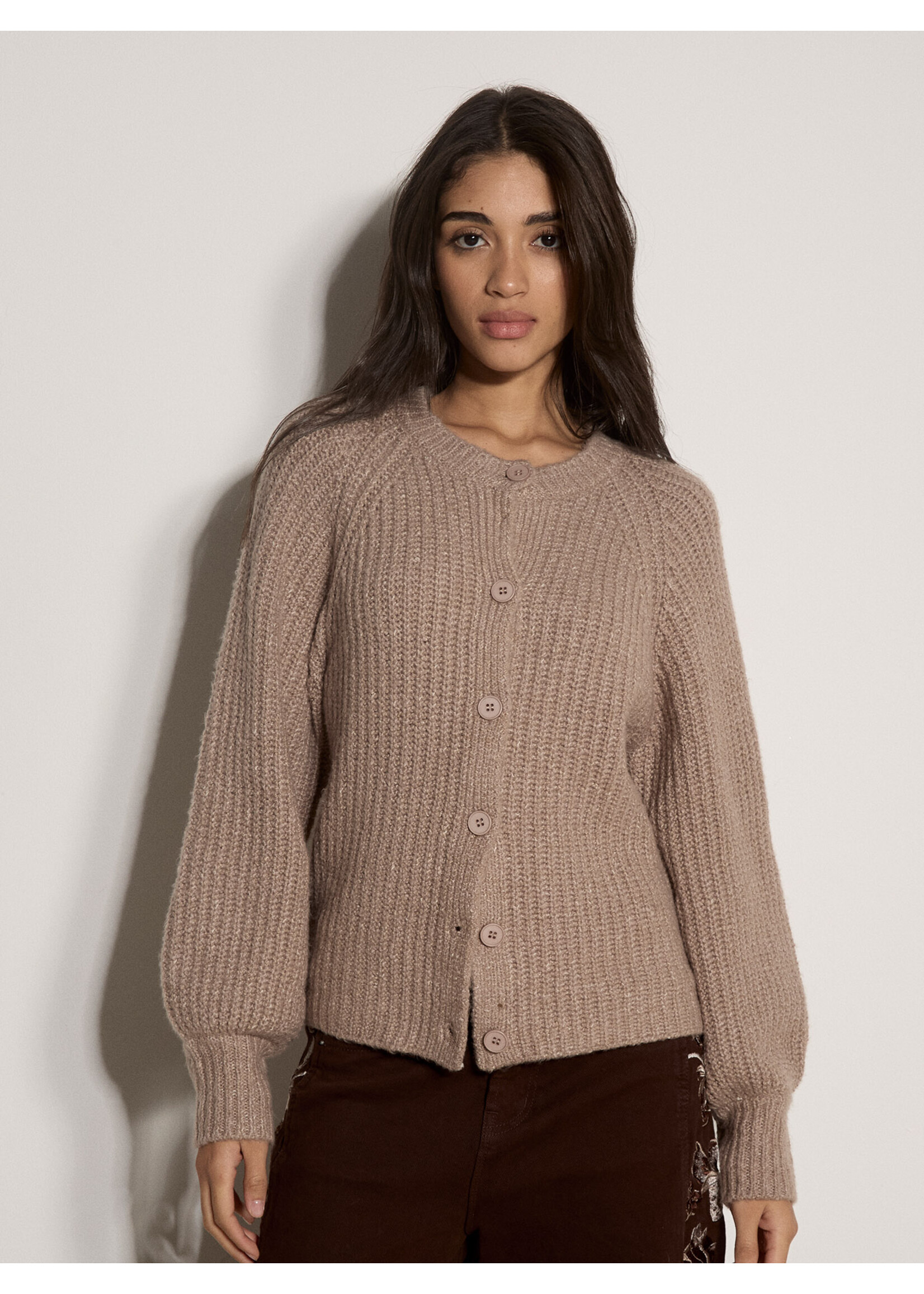 Ribbed Crew Neck Cardigan Mocha