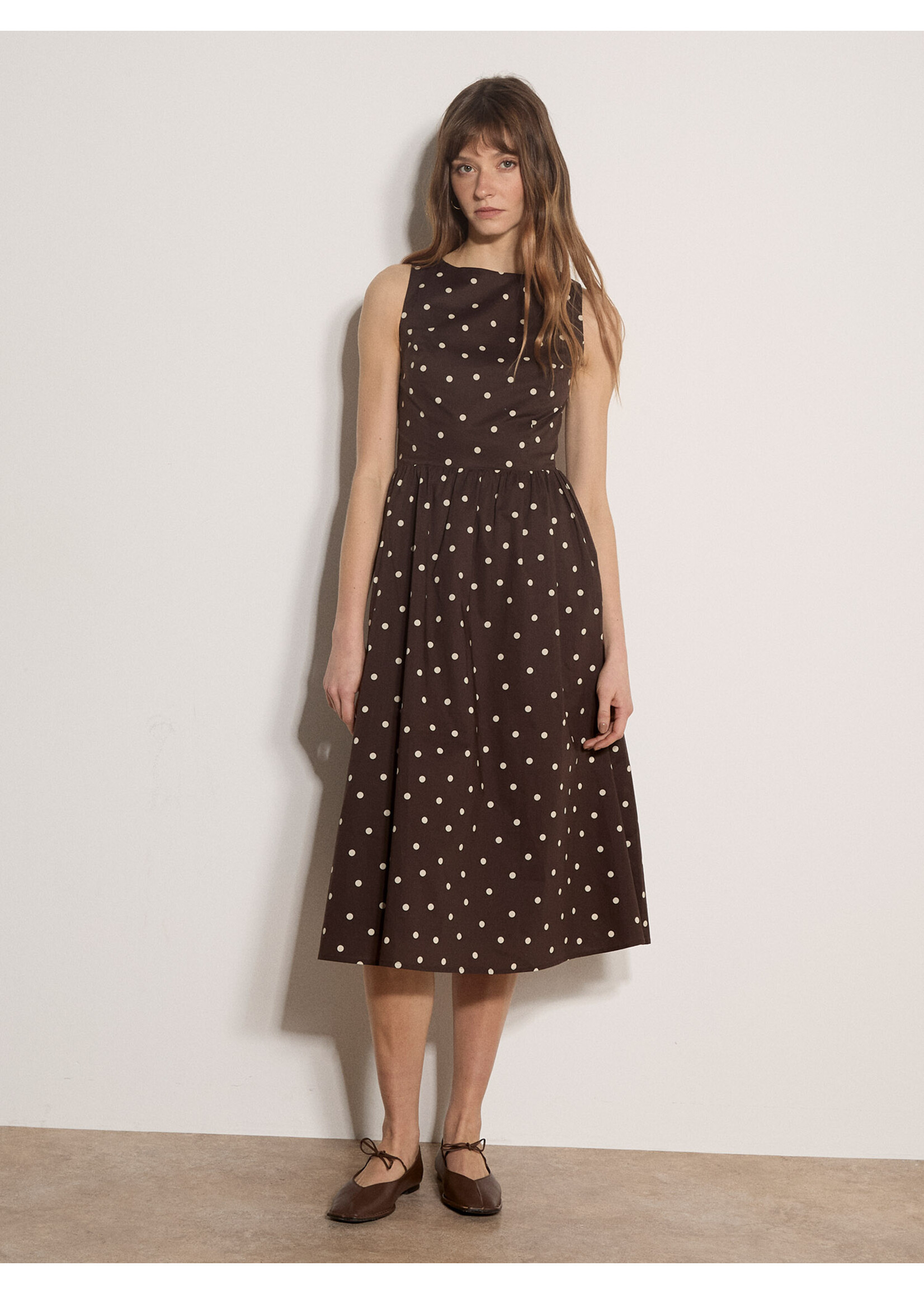 Polka Dot Fit & Flare Dress Brown