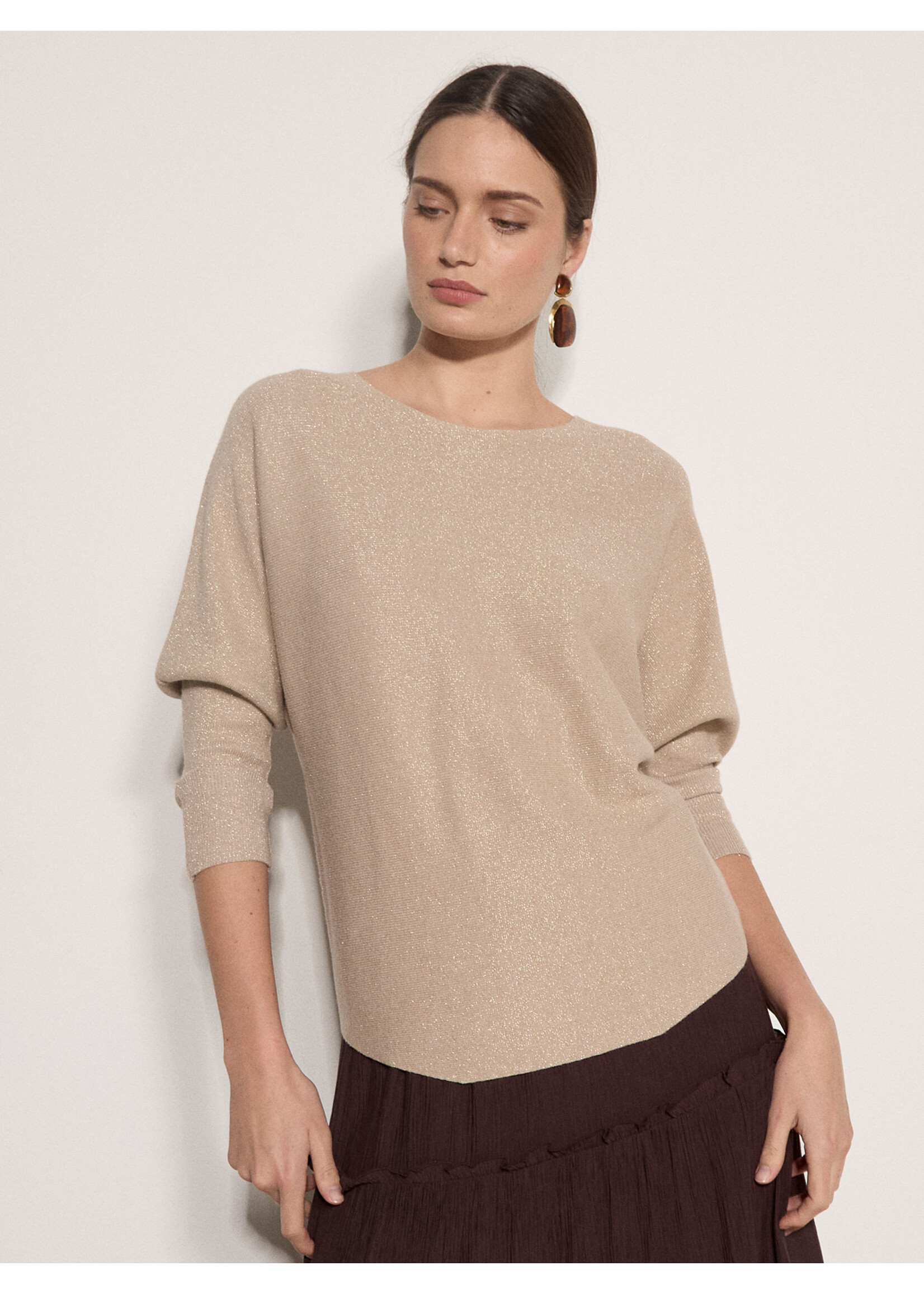 Metallic Ribbed Batwing Top Gold