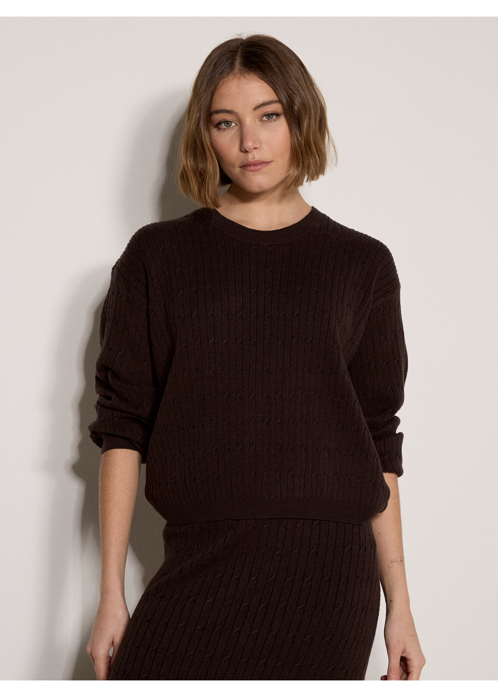Fine Gauge Cable Knit Batwing Sweater Brown