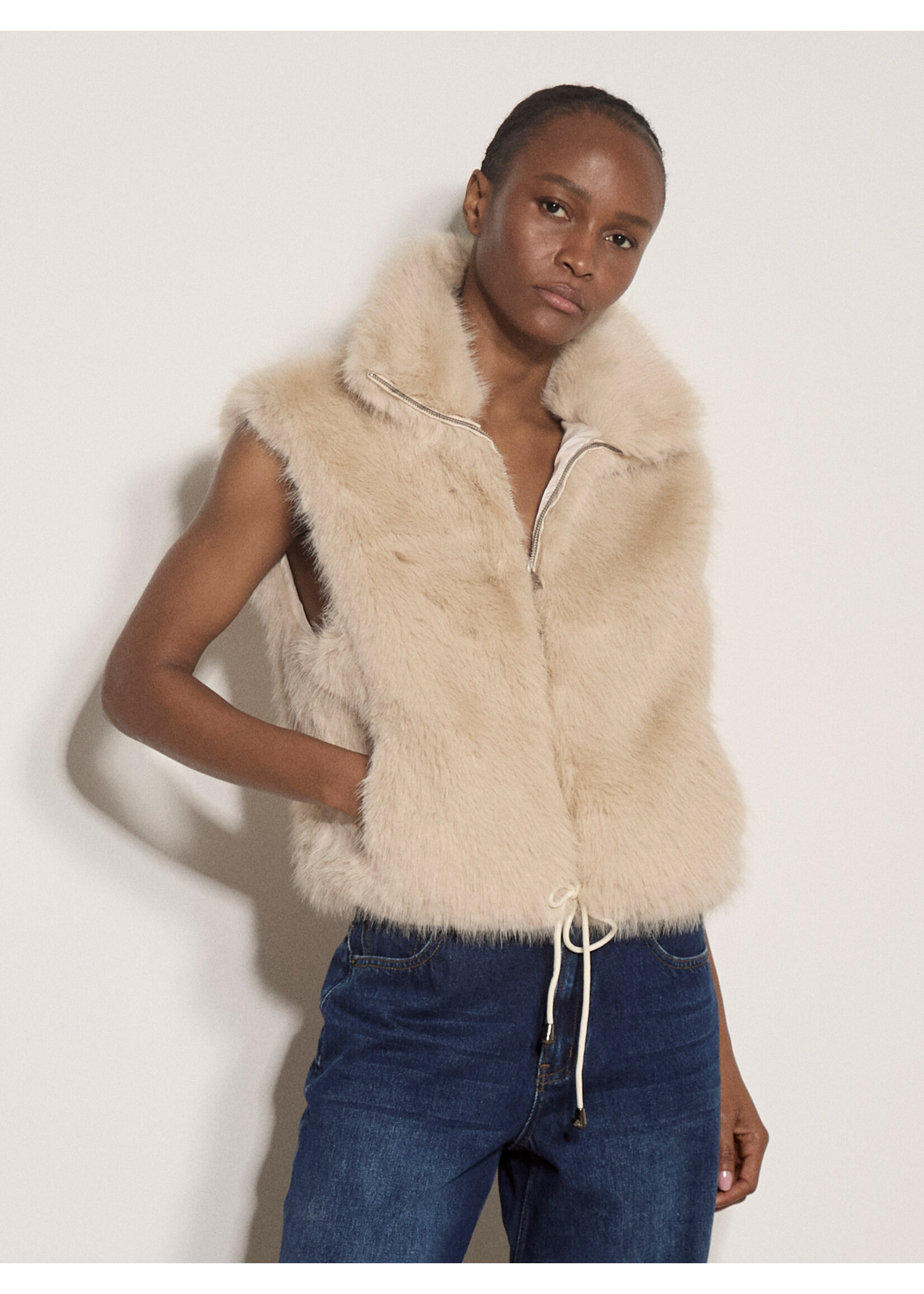 High Collar Zip Fur Vest Stone